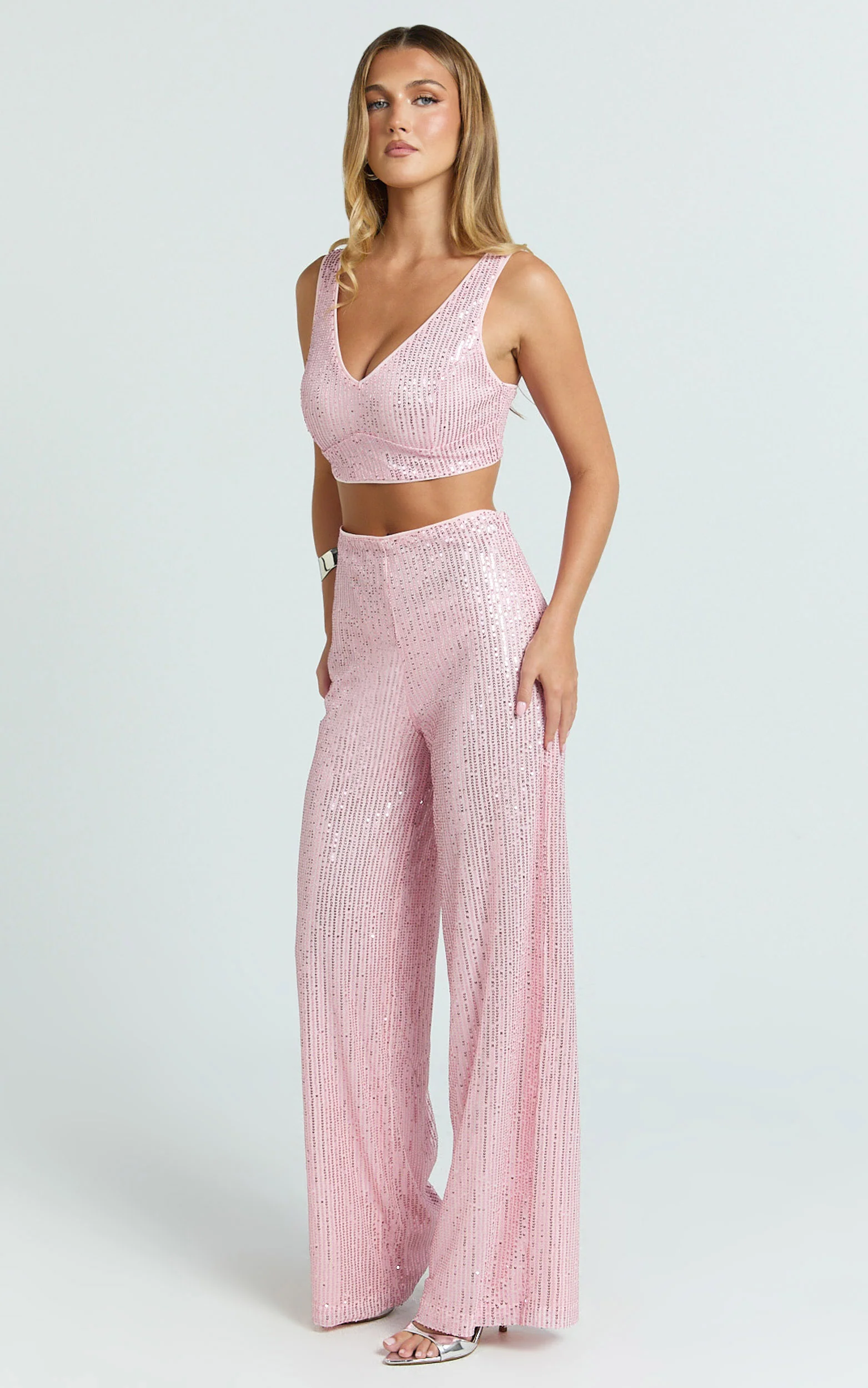 Abela Two Piece Set - Crop Top and Wide Leg Pants Set in Pink Sequin - Image 2