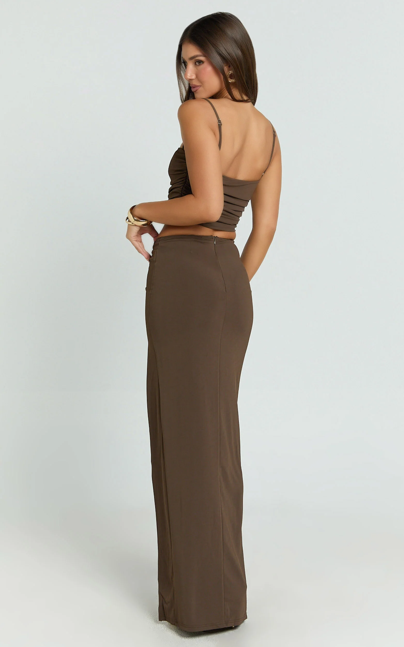 Adalee Two Piece Top and Skirt Set - Square Neck Gold Hardware Detail Top And Low Waist Maxi Skirt in Chocolate - Image 6