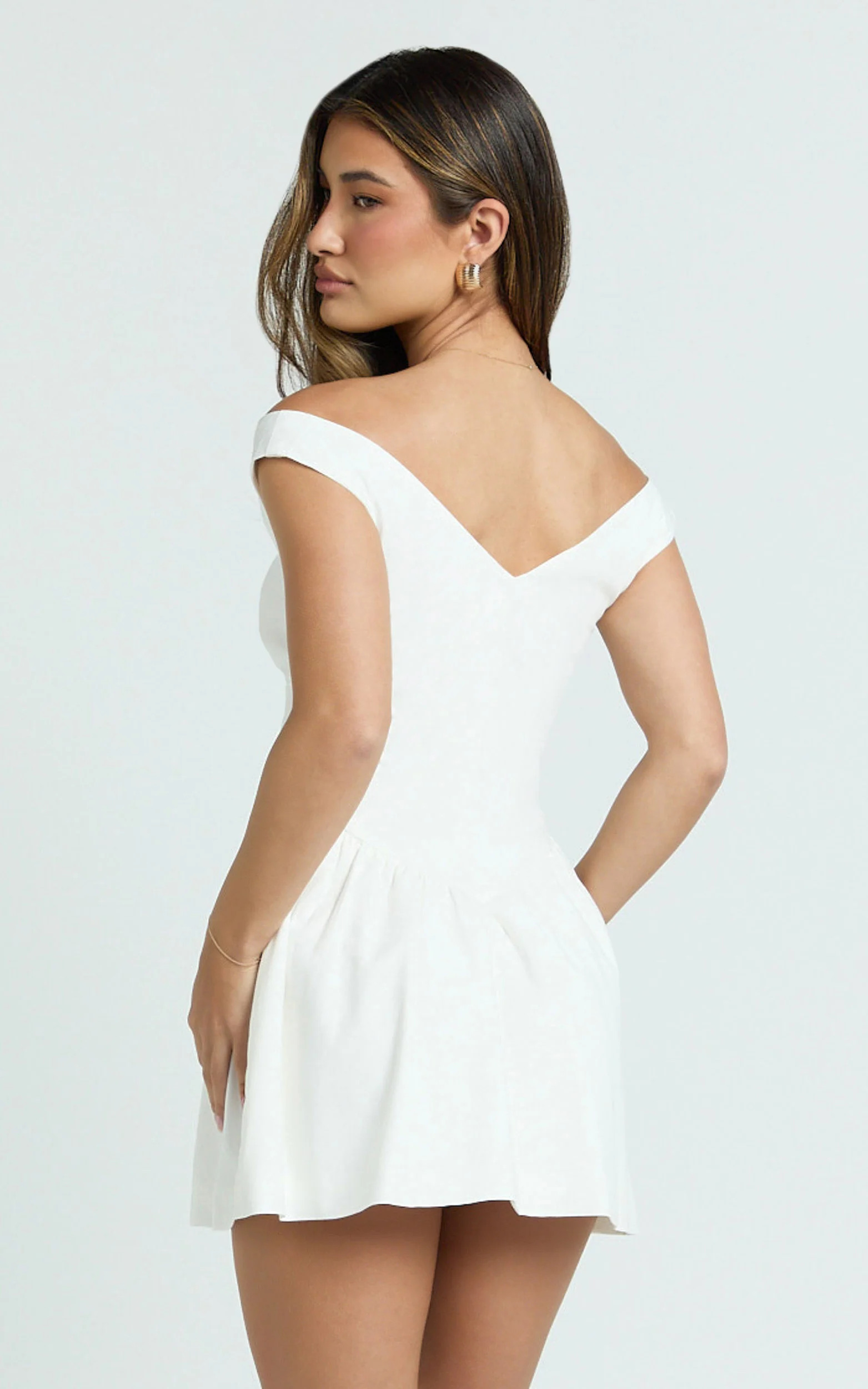 Adelaide Mini Dress - Off Shoulder Button Front Fit And Flare Dress in White - Image 8