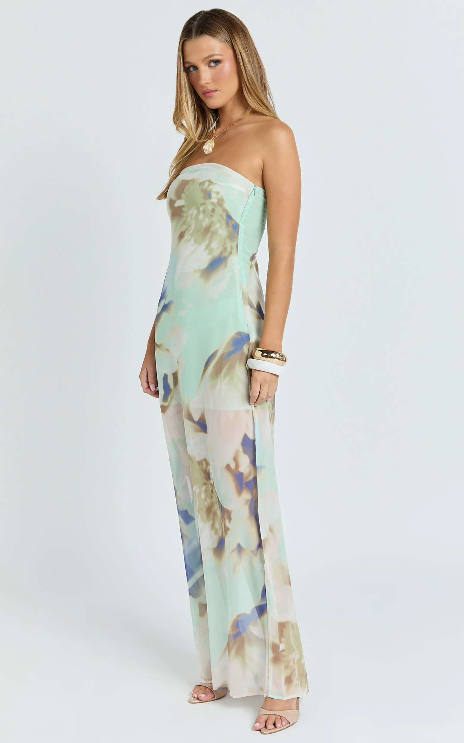 Adiana Maxi Dress - Floral Print Strapless Dress in Aquamarine Floral - Image 5