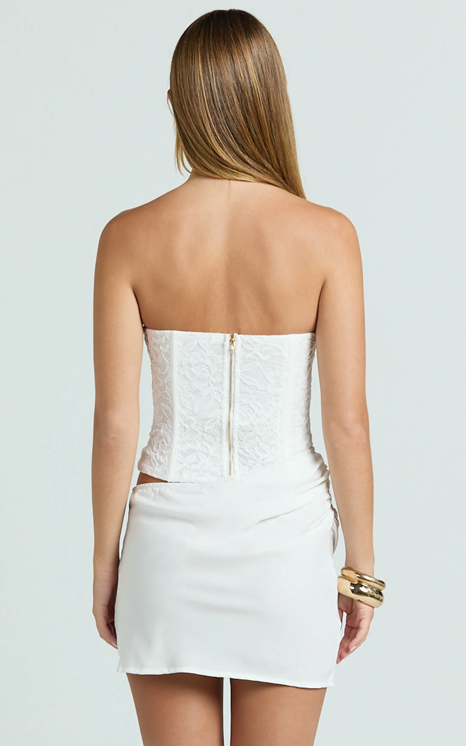Adina Mini Dress - Strapless Corset Draped Waist Dress in White - Image 6