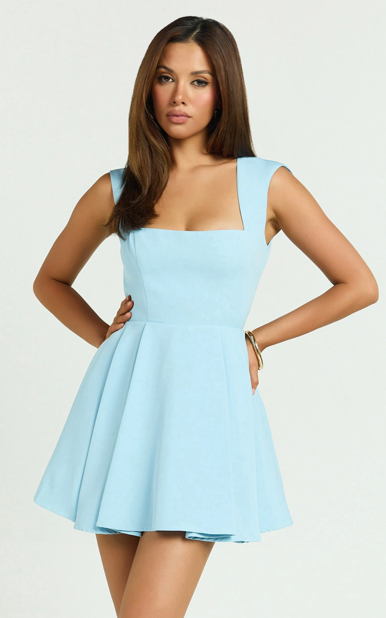 Adira Mini Dress - Square Neck Corset Bodice Pleat Skirt Backless Dress in Blue - Image 3