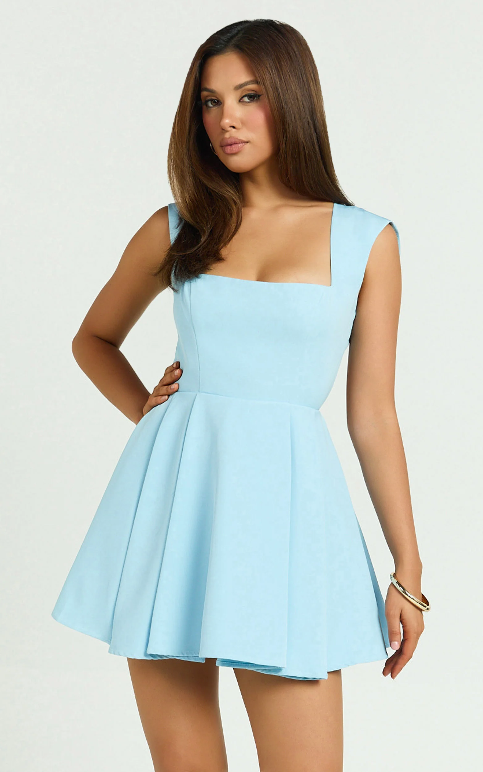 Adira Mini Dress - Square Neck Corset Bodice Pleat Skirt Backless Dress in Blue - Image 5