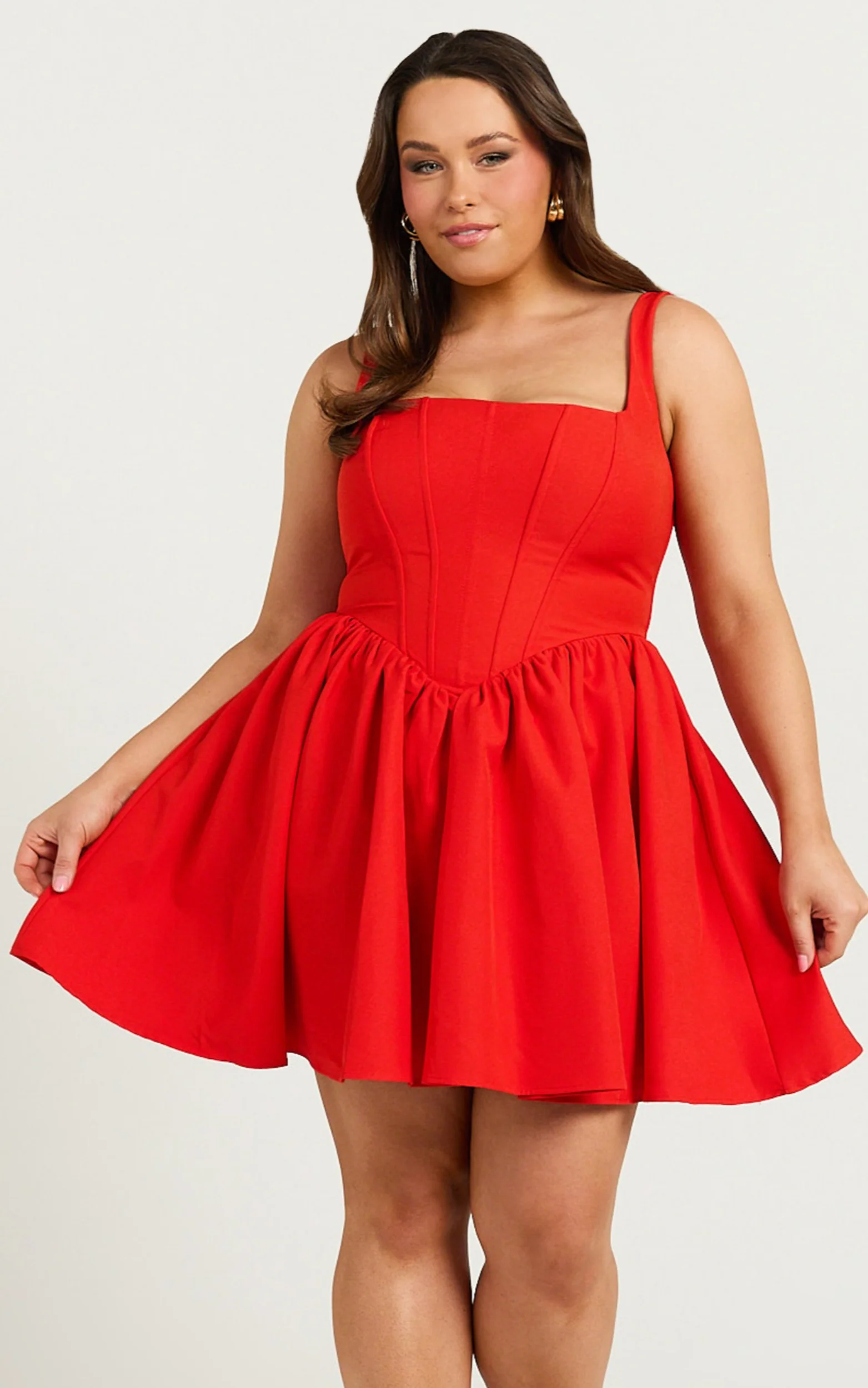 Aimee Mini Dress - Scoop Neck Corset Gathered Dress in Red - Image 2