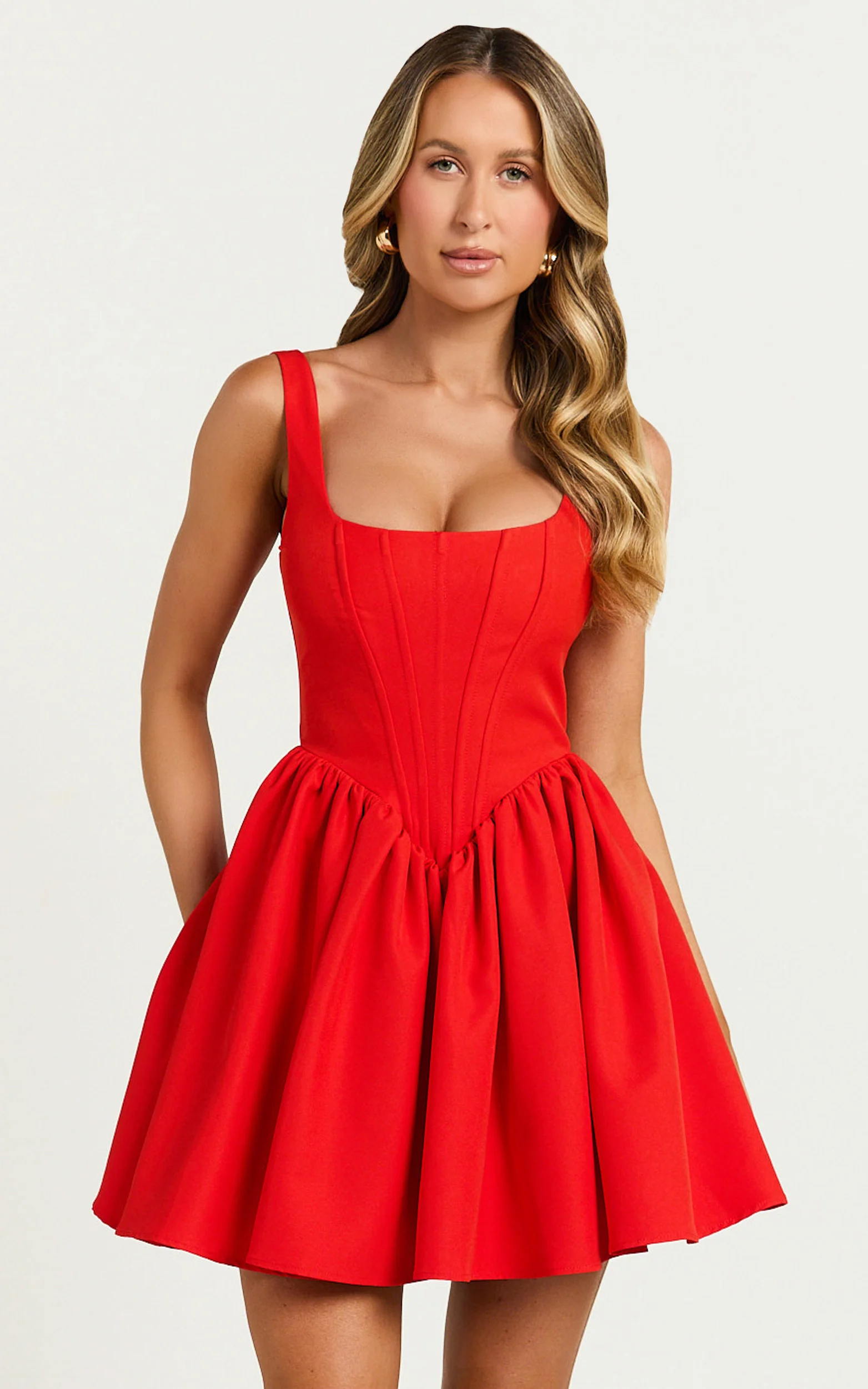 Aimee Mini Dress - Scoop Neck Corset Gathered Dress in Red - Image 5