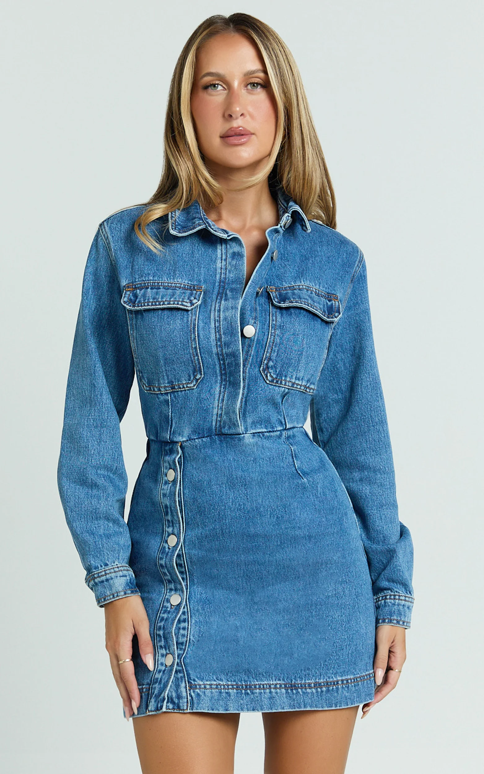 Ainsley Mini Dress - Button Through Long Sleeve Denim Dress in Mid Blue Wash - Image 3