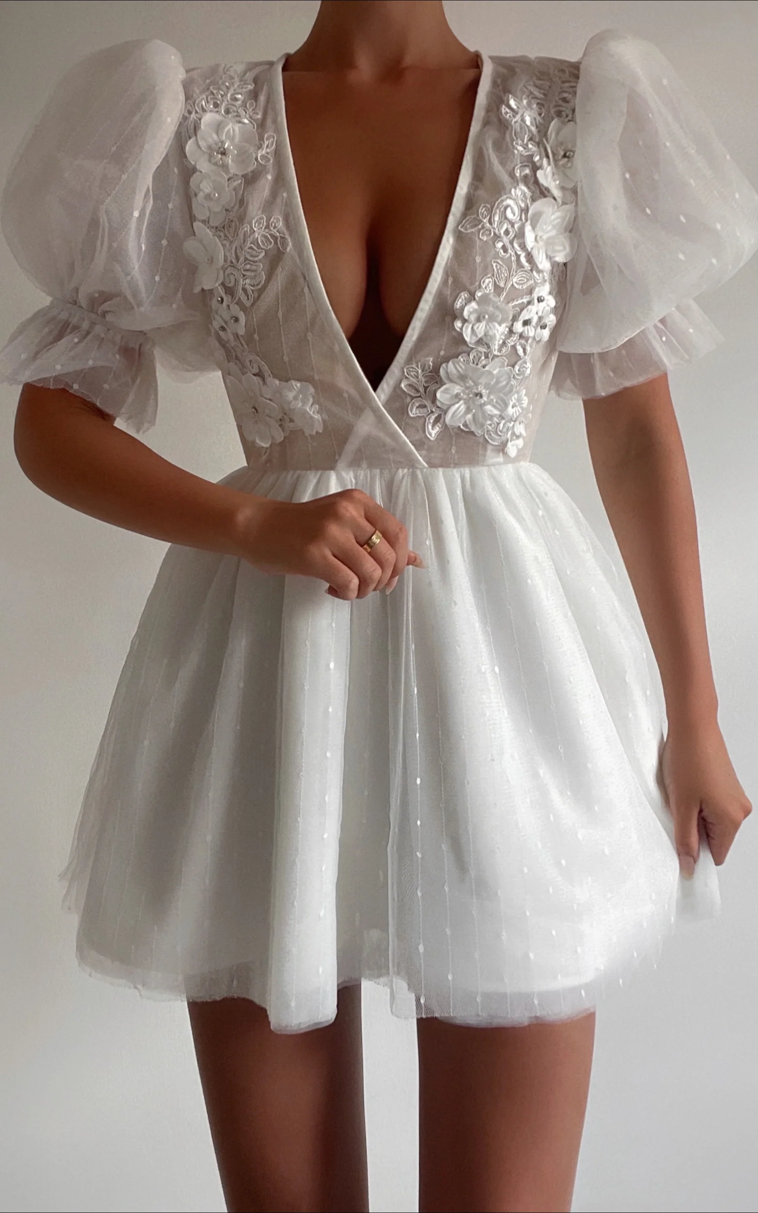 Akshia Mini Dress - Puff Sleeve Floral Detail Plunge Neck Dress in White - Image 6
