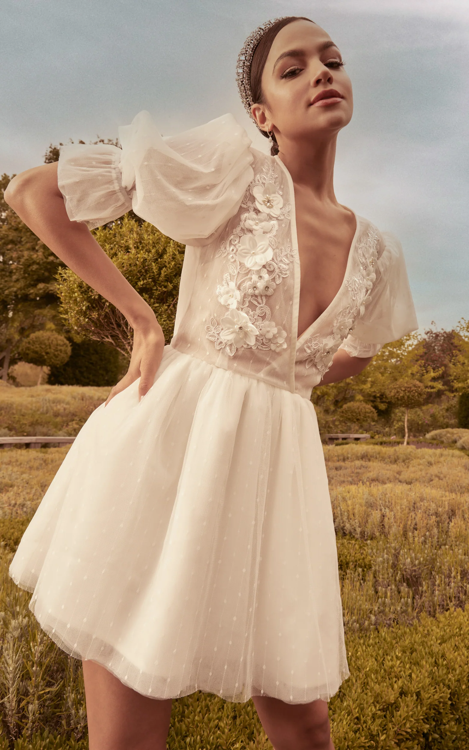 Akshia Mini Dress - Puff Sleeve Floral Detail Plunge Neck Dress in White - Image 7
