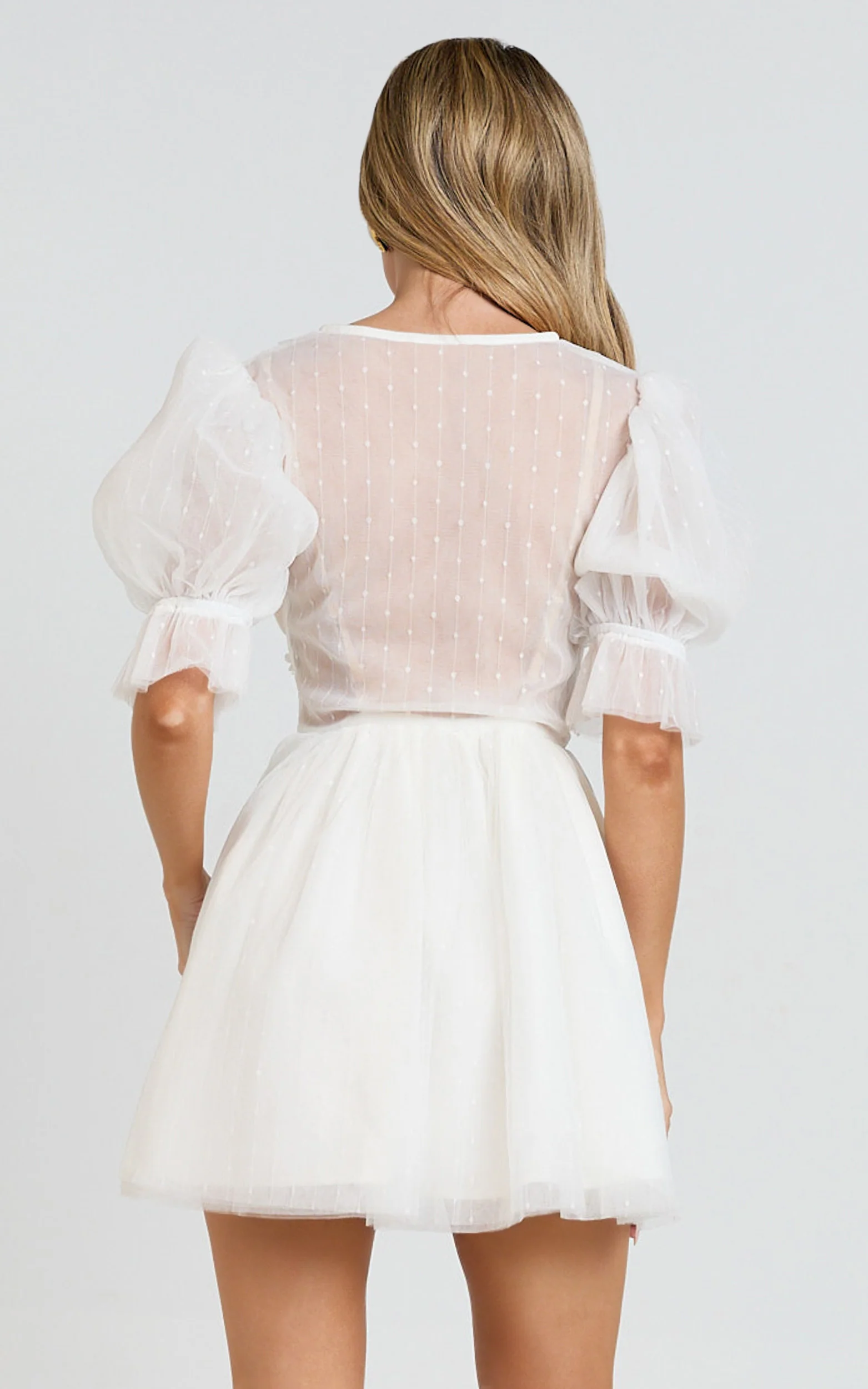 Akshia Mini Dress - Puff Sleeve Floral Detail Plunge Neck Dress in White - Image 8