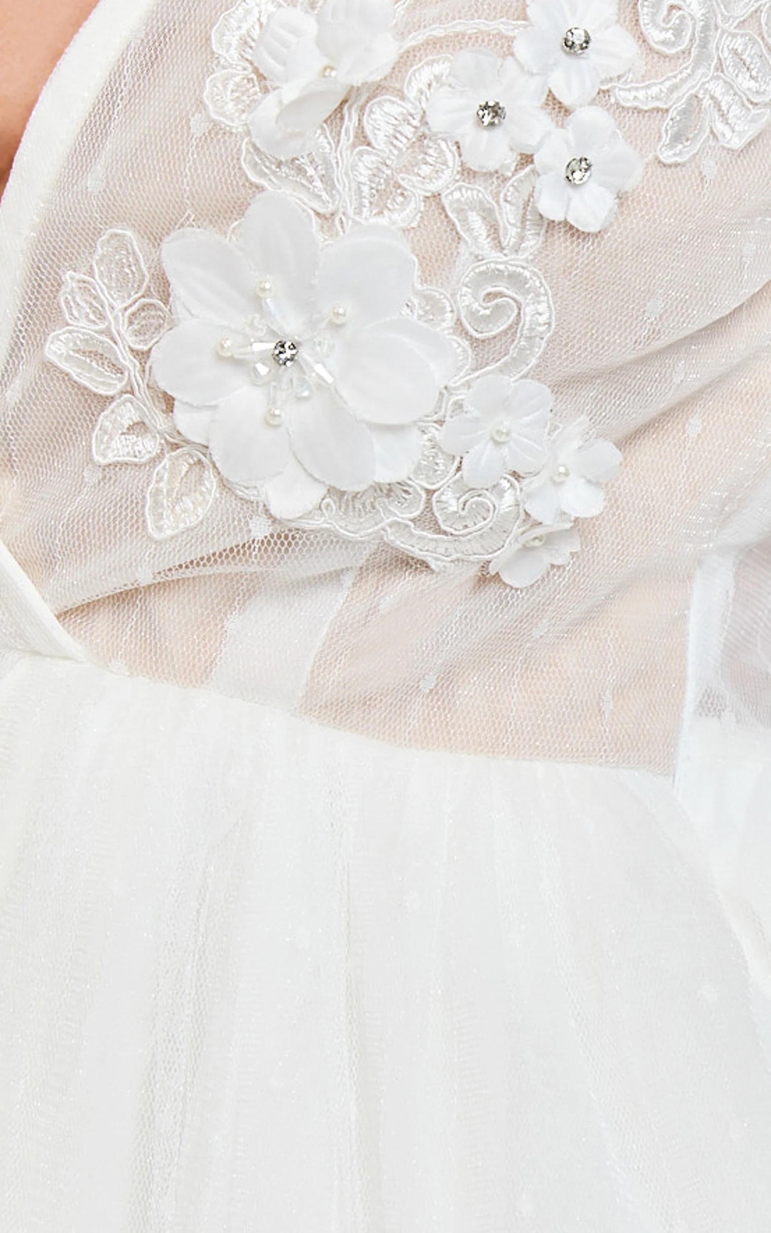Akshia Mini Dress - Puff Sleeve Floral Detail Plunge Neck Dress in White - Image 9