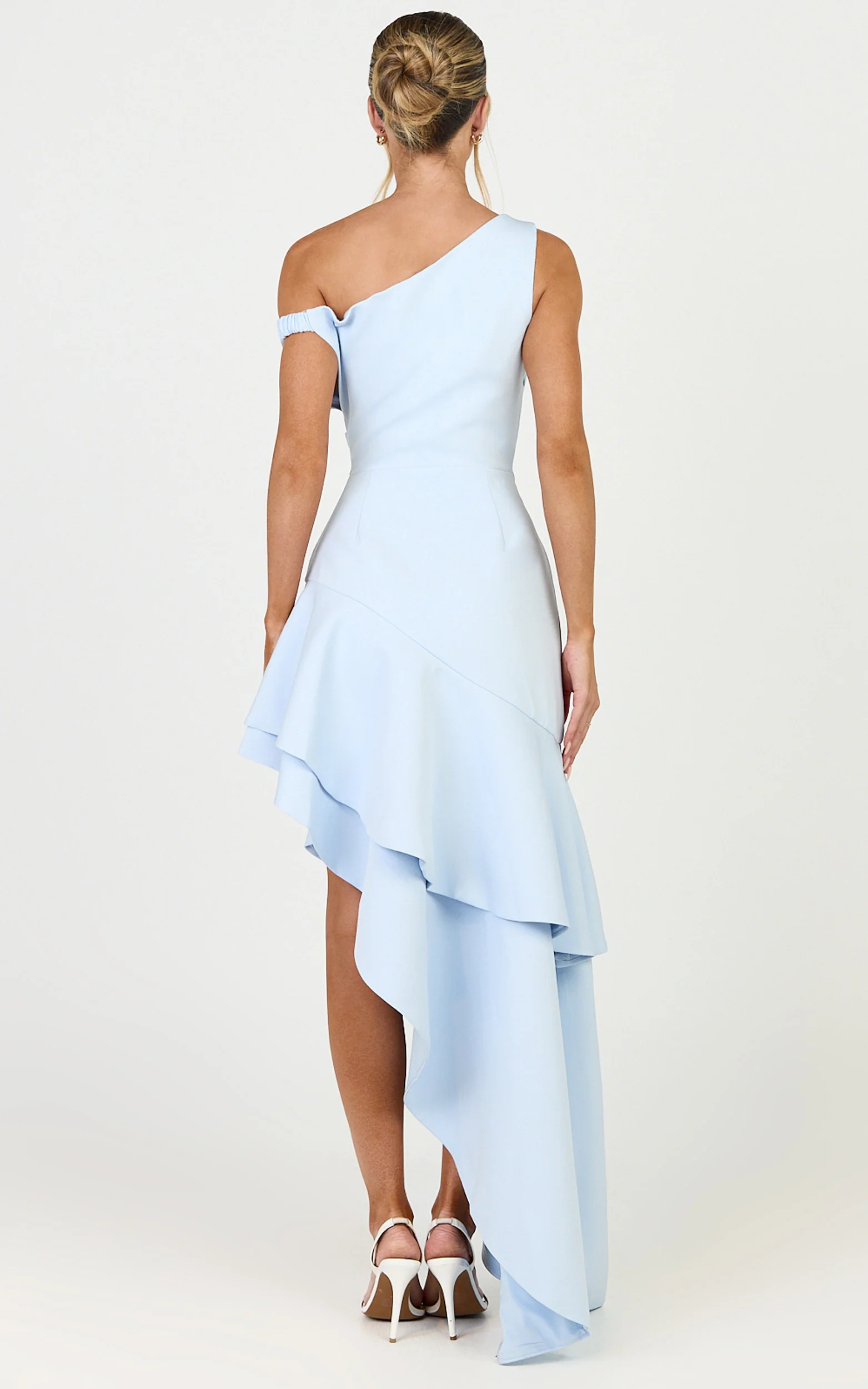 Alani Maxi Dress - Off Shoulder Asymmetric Flounce Dress in Light Blue - Image 5