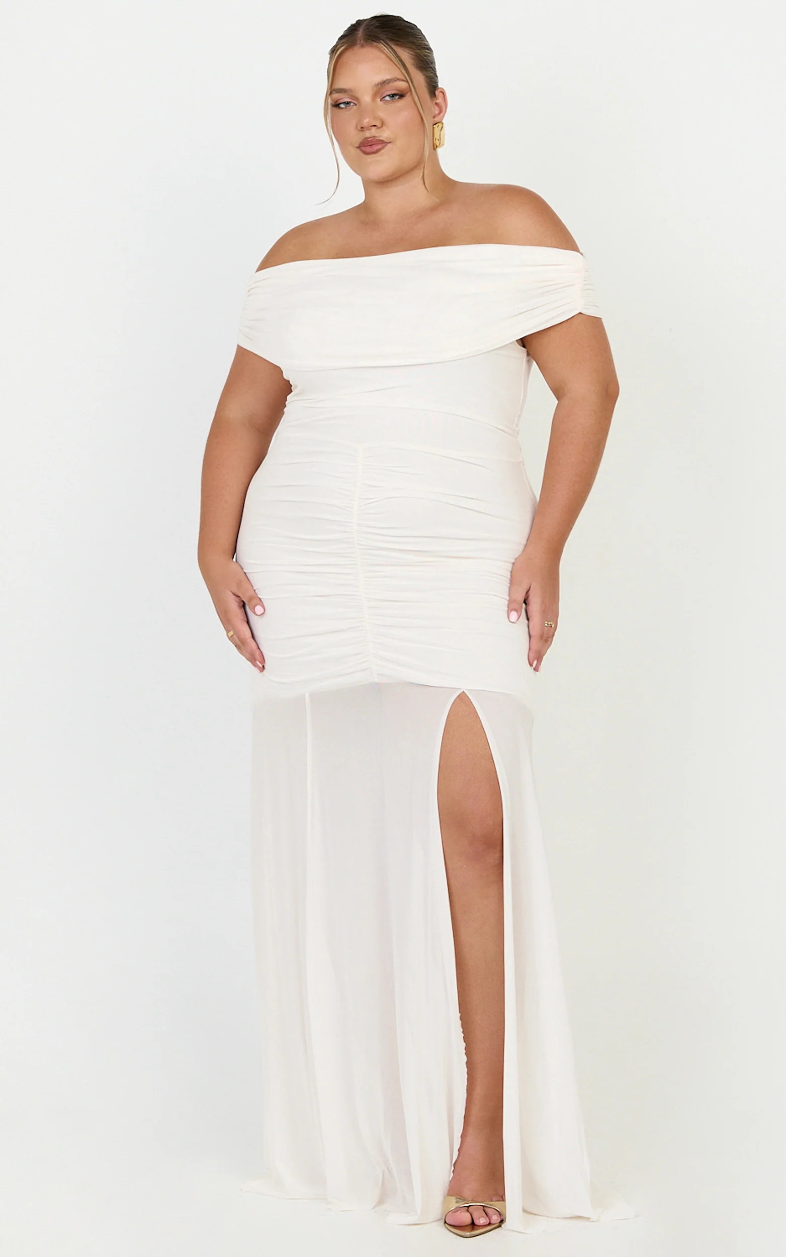 Alanna Maxi Dress - Off Shoulder Ruched Mesh Dress in Cream - Image 2