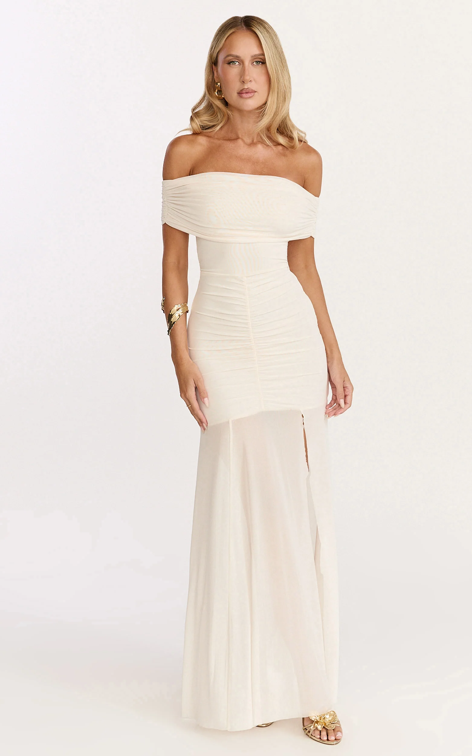Alanna Maxi Dress - Off Shoulder Ruched Mesh Dress in Cream - Image 5