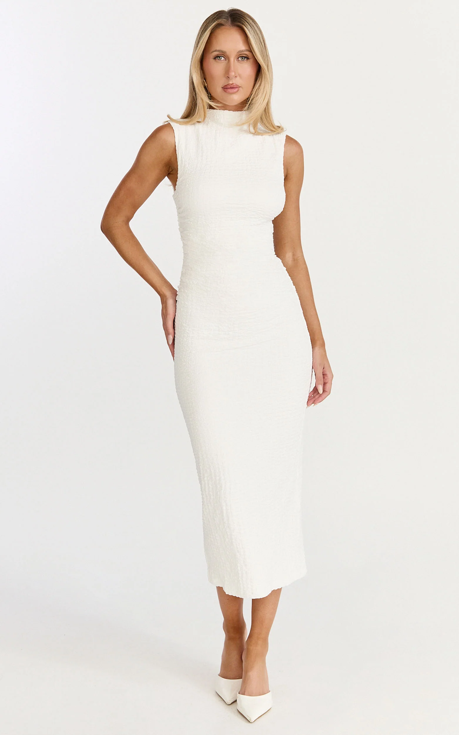 Aleks Midi Dress - High Neck Bodycon Dress in Off White