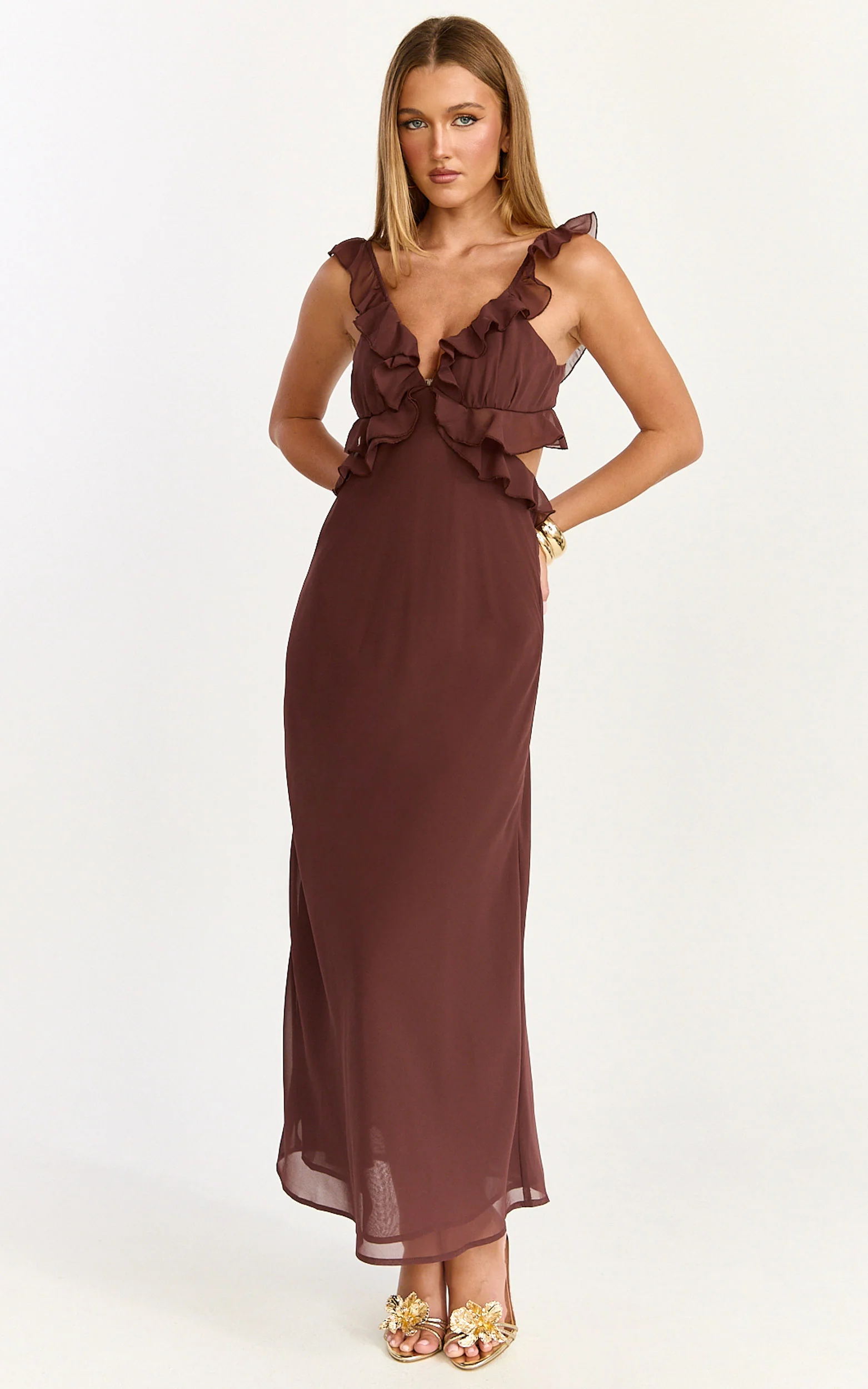 Alessa Midi Dress - V Neck Frill Detail Empire Waist Back Cut Out Dress in Brown - Image 4
