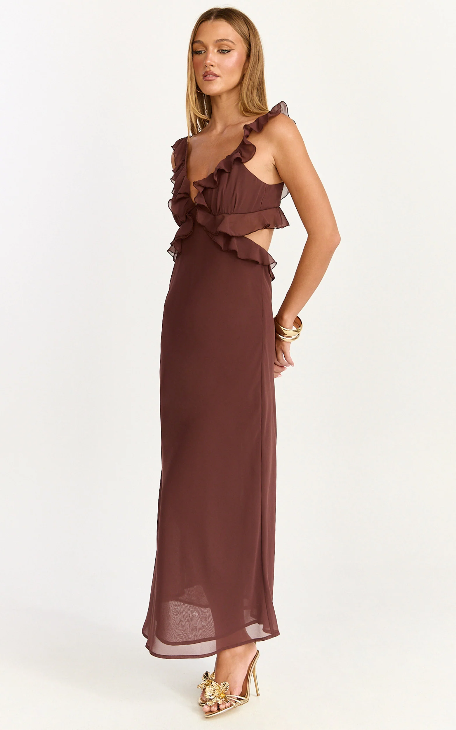Alessa Midi Dress - V Neck Frill Detail Empire Waist Back Cut Out Dress in Brown - Image 5