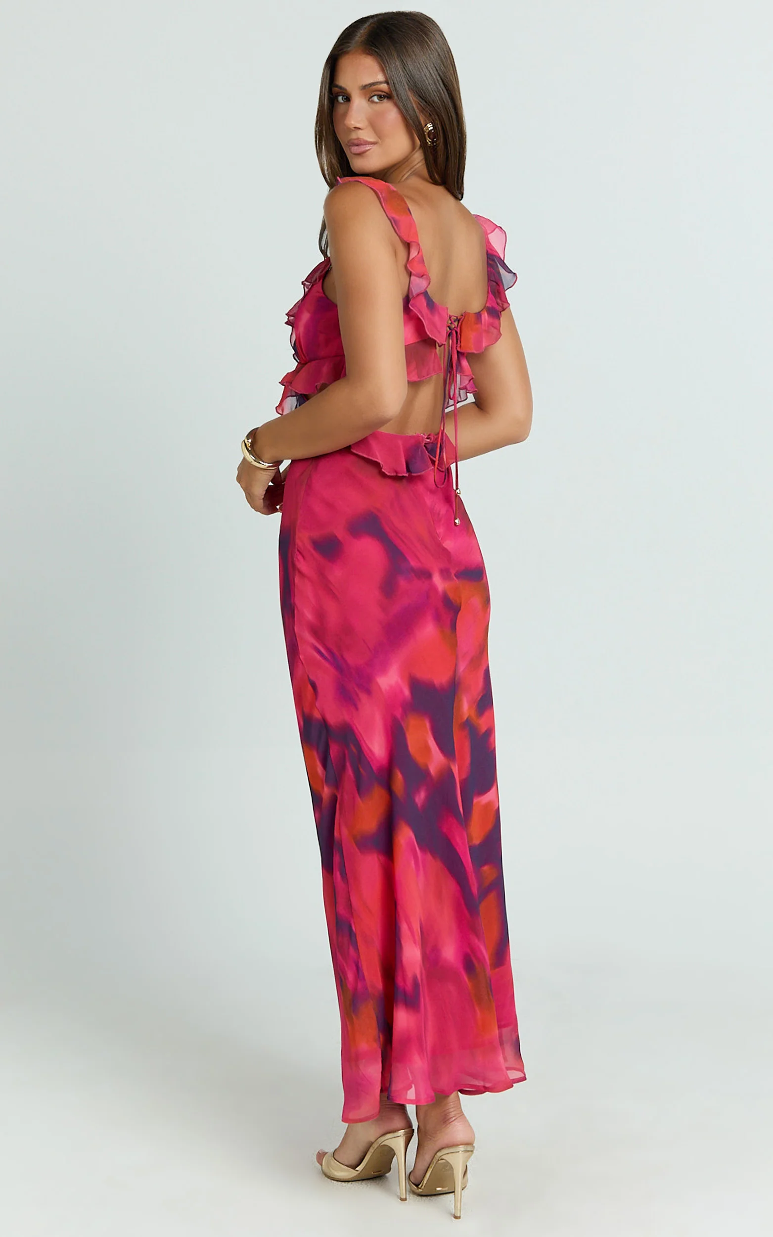 Alessa Midi Dress - V Neck Frill Detail Empire Waist Back Cut Out Dress in Adeana Print - Image 5