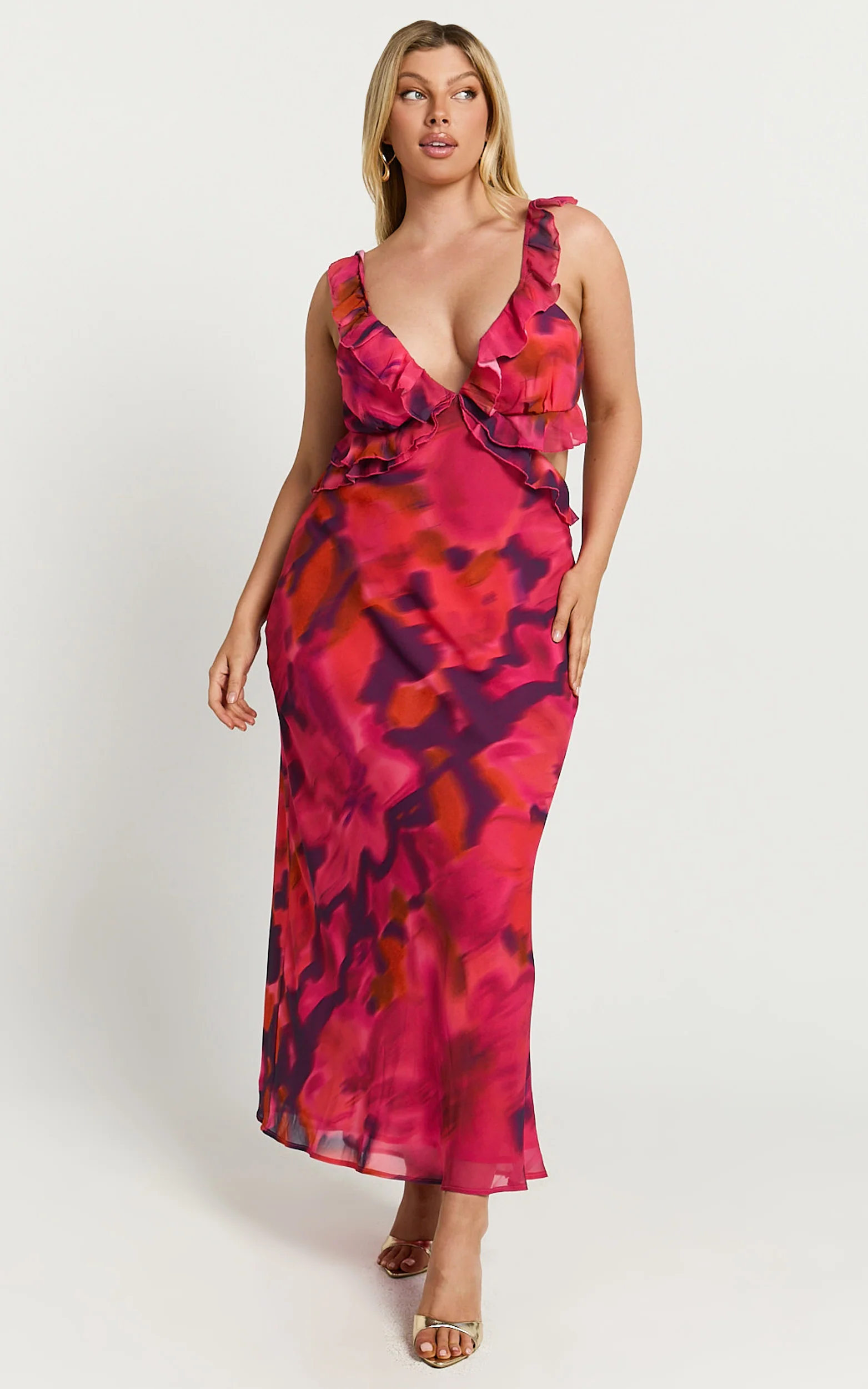 Alessa Midi Dress - V Neck Frill Detail Empire Waist Back Cut Out Dress in Adeana Print - Image 6