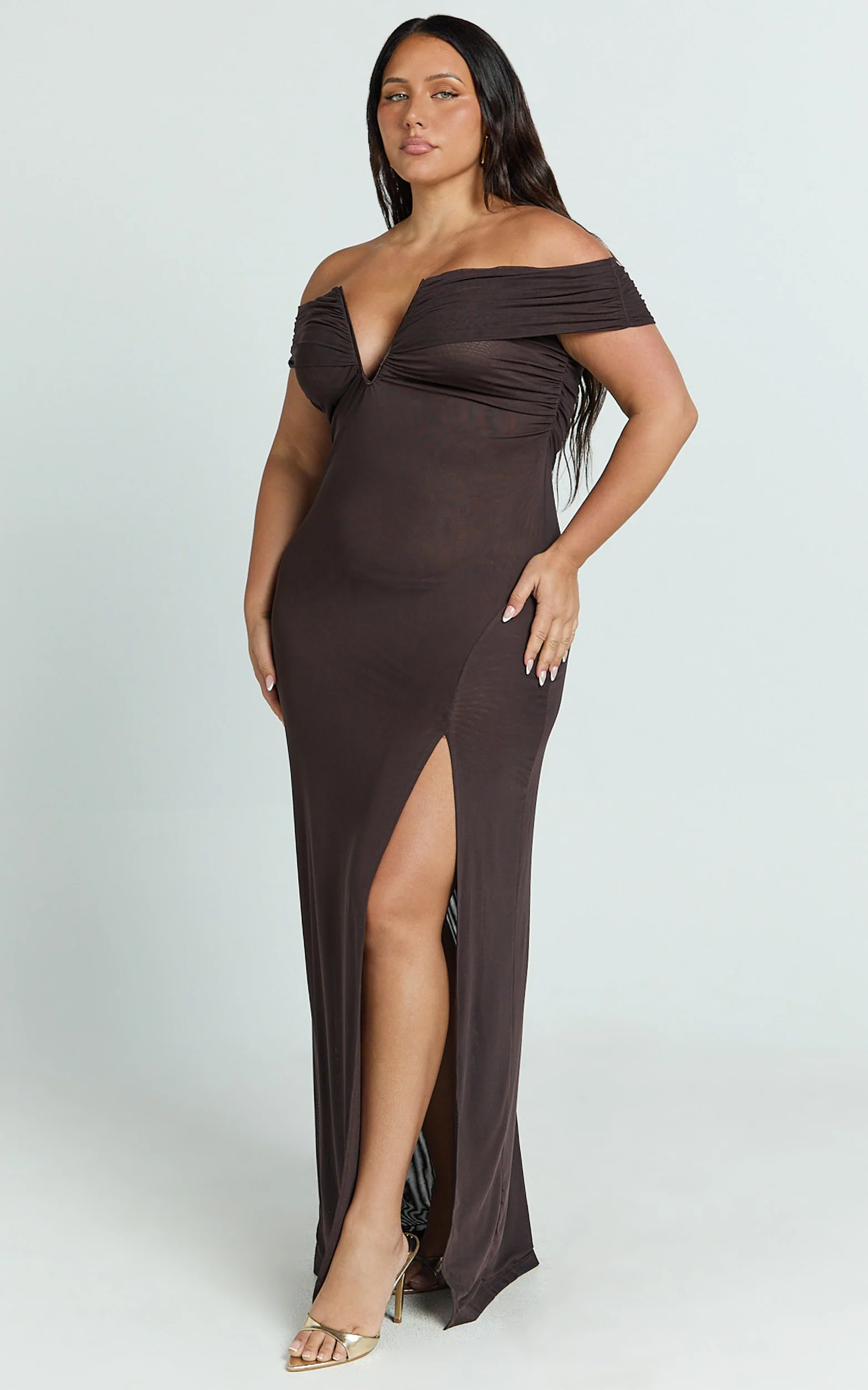 Alessia Maxi Dress - Off Shoulder Ruched Bodycon Dress in Chocolate - Image 5