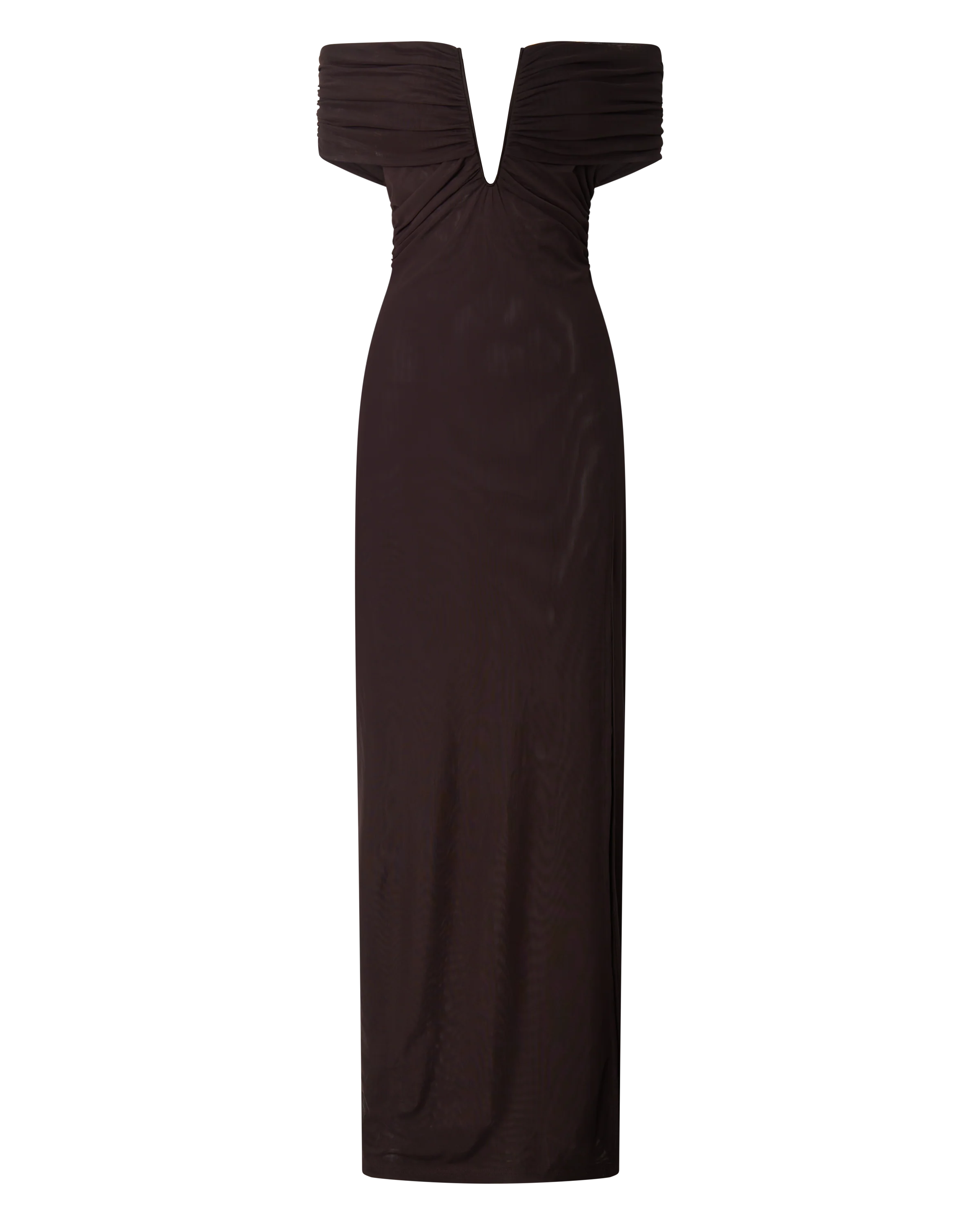 Alessia Maxi Dress - Off Shoulder Ruched Bodycon Dress in Chocolate - Image 9