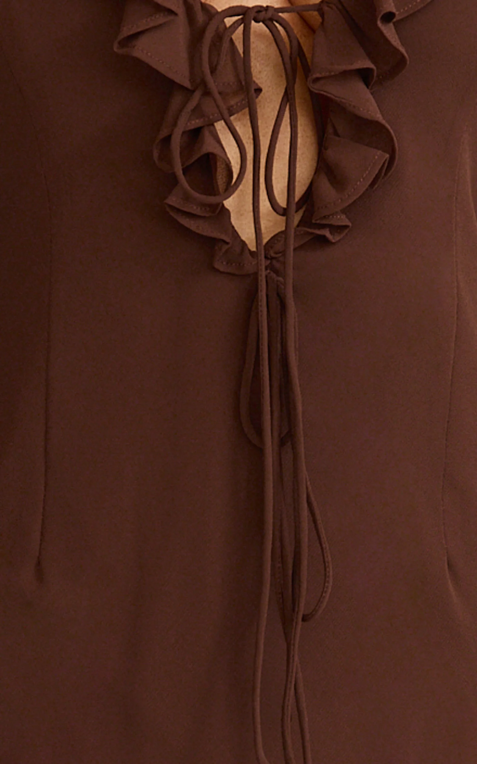 Alesya Mini Dress - Ruffle Plunge Neck Long Sleeve Tie Detail Dress in Chocolate - Image 6