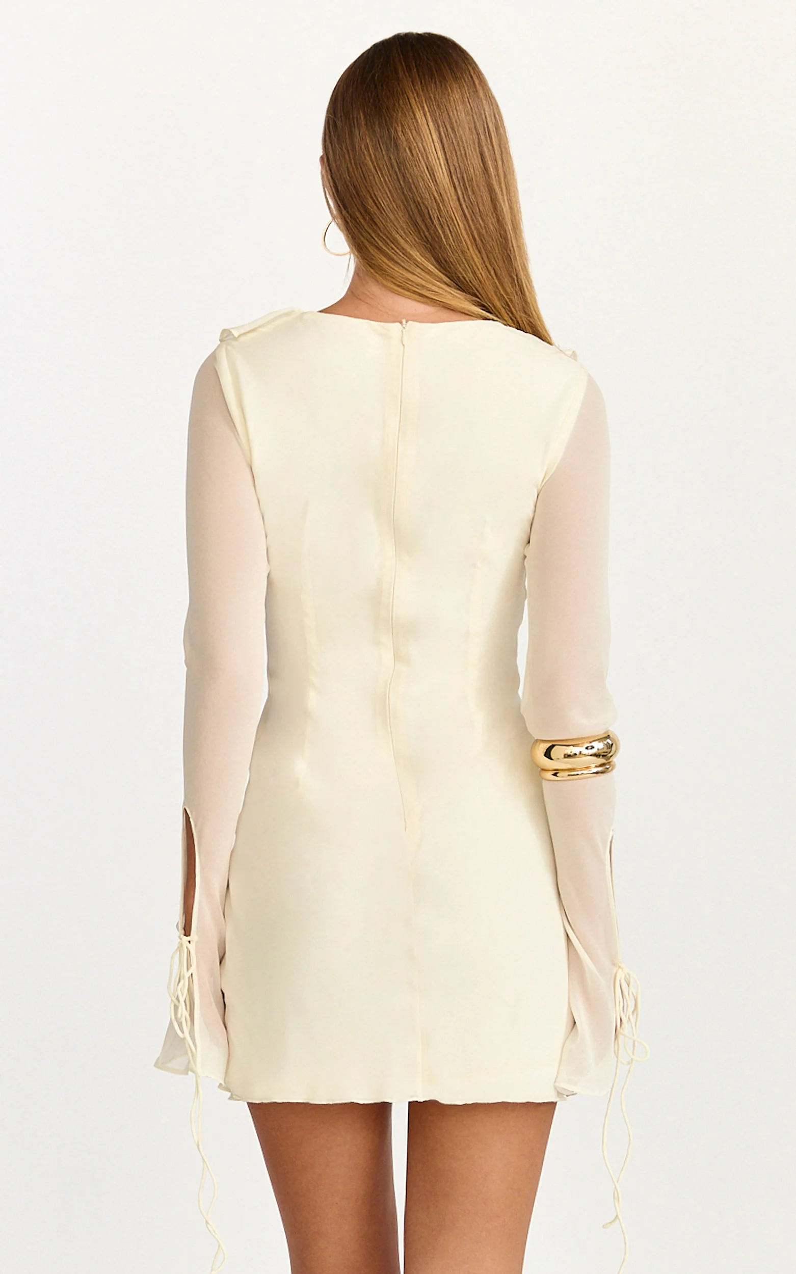 Alesya Mini Dress - Ruffle Plunge Neck Long Sleeve Tie Detail Dress in Cream - Image 5