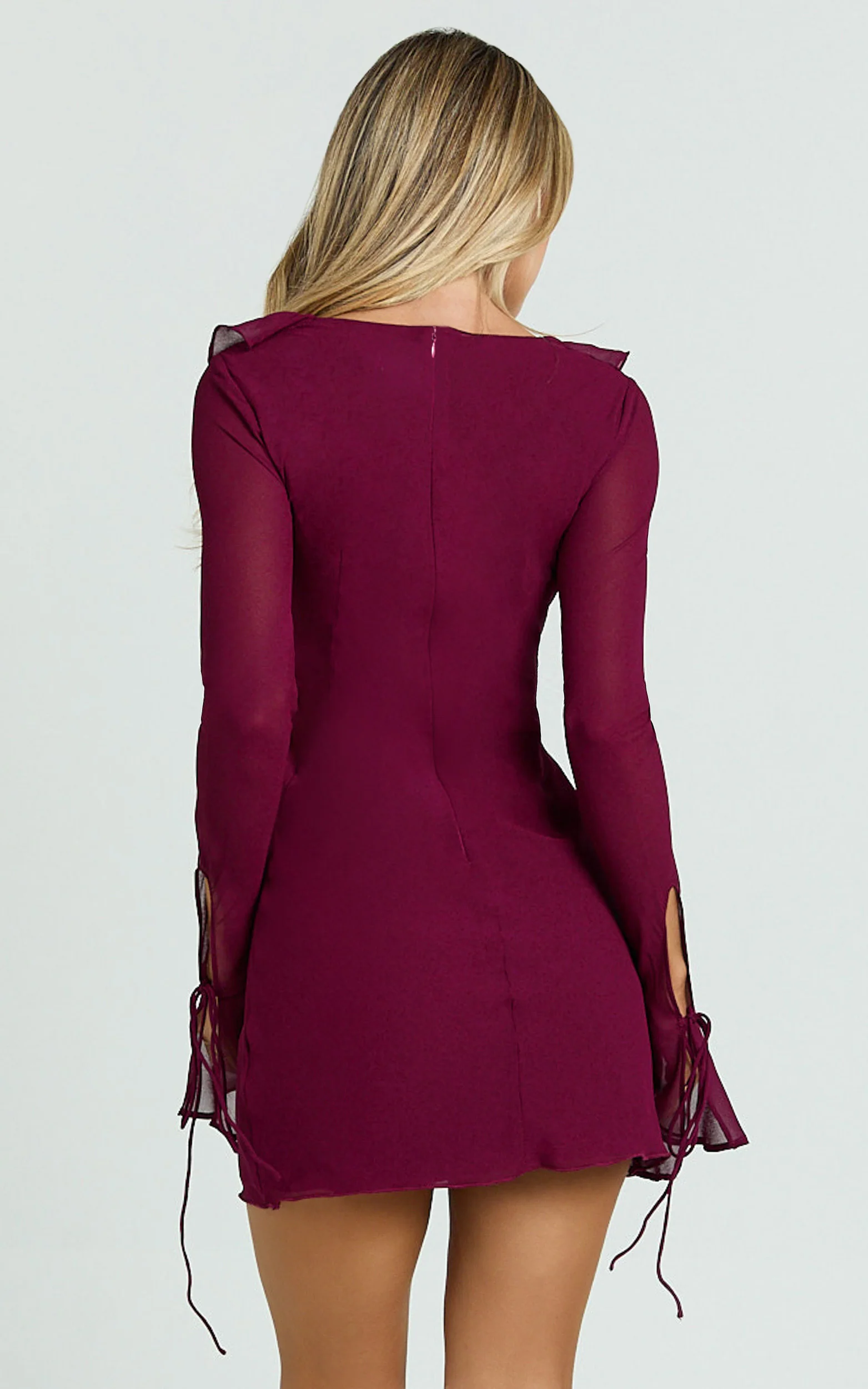 Alesya Mini Dress - Ruffle Plunge Neck Long Sleeve Tie Detail Dress in Wine - Image 8