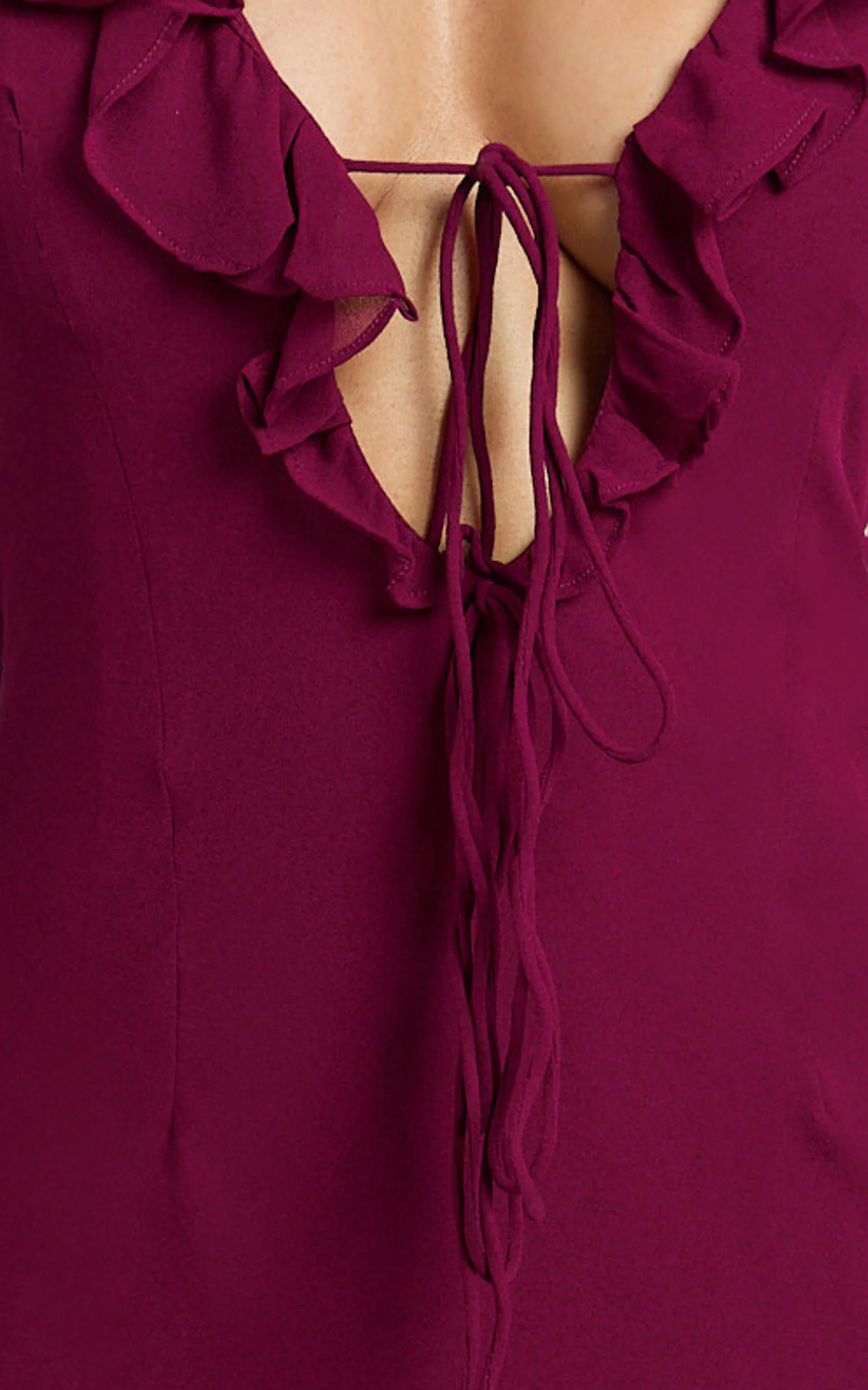 Alesya Mini Dress - Ruffle Plunge Neck Long Sleeve Tie Detail Dress in Wine - Image 9