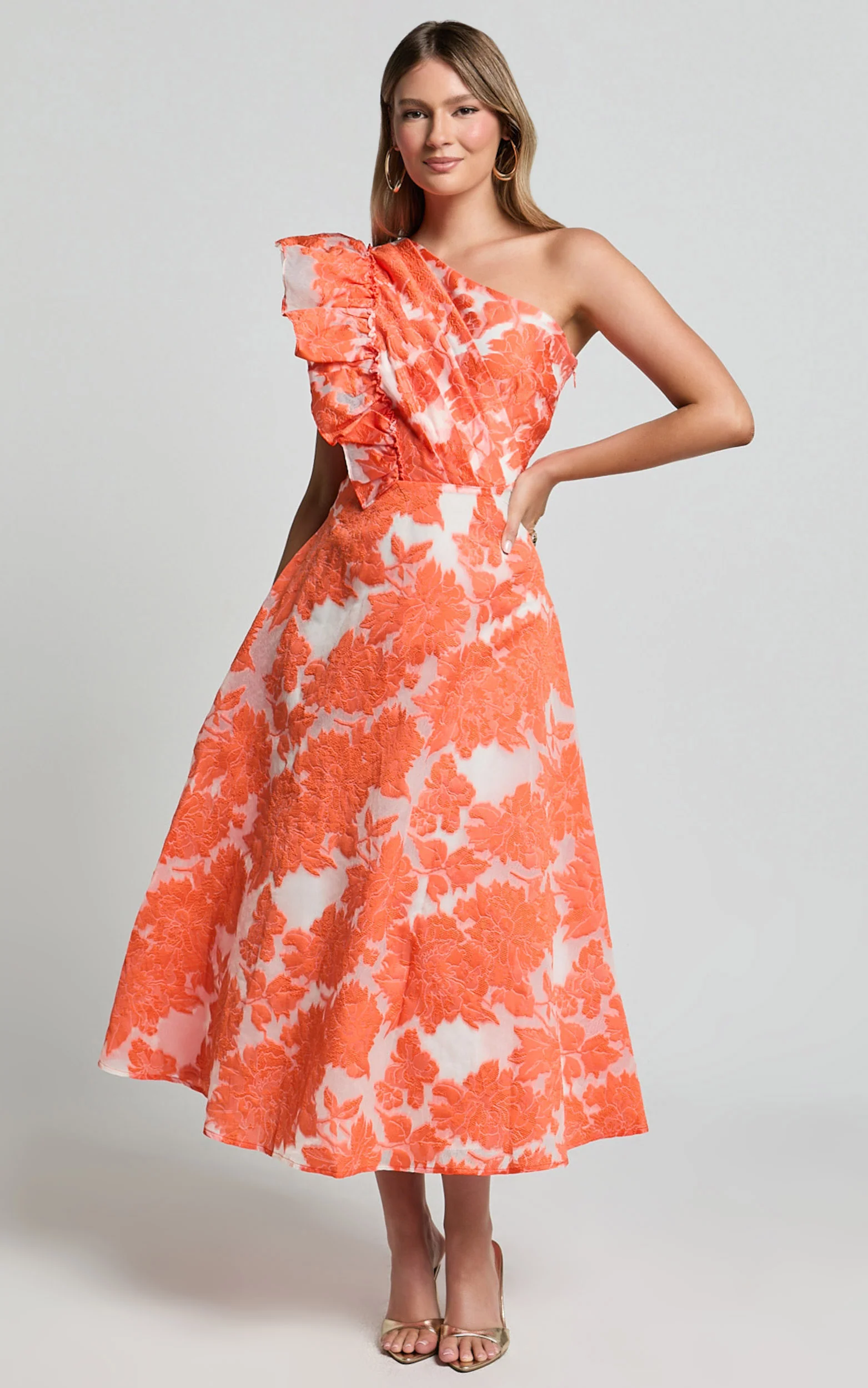 Alfreda Midi Dress - One Shoulder Ruffle Detail Brailey Jacquard Dress in Orange Jacquard - Image 3