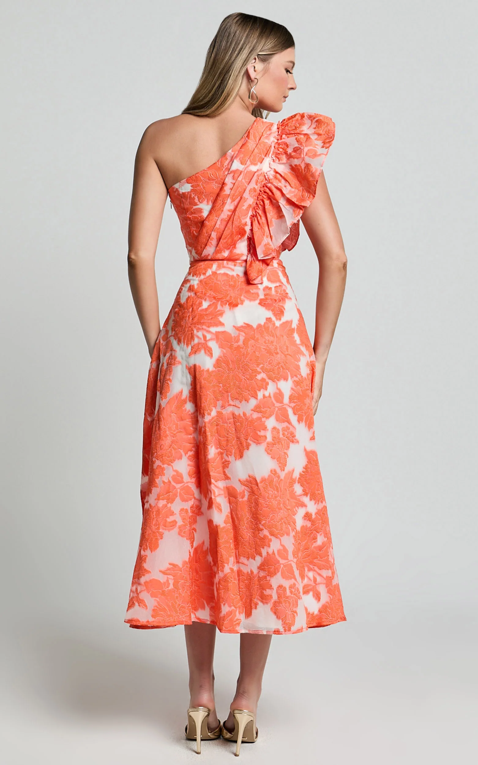 Alfreda Midi Dress - One Shoulder Ruffle Detail Brailey Jacquard Dress in Orange Jacquard - Image 5