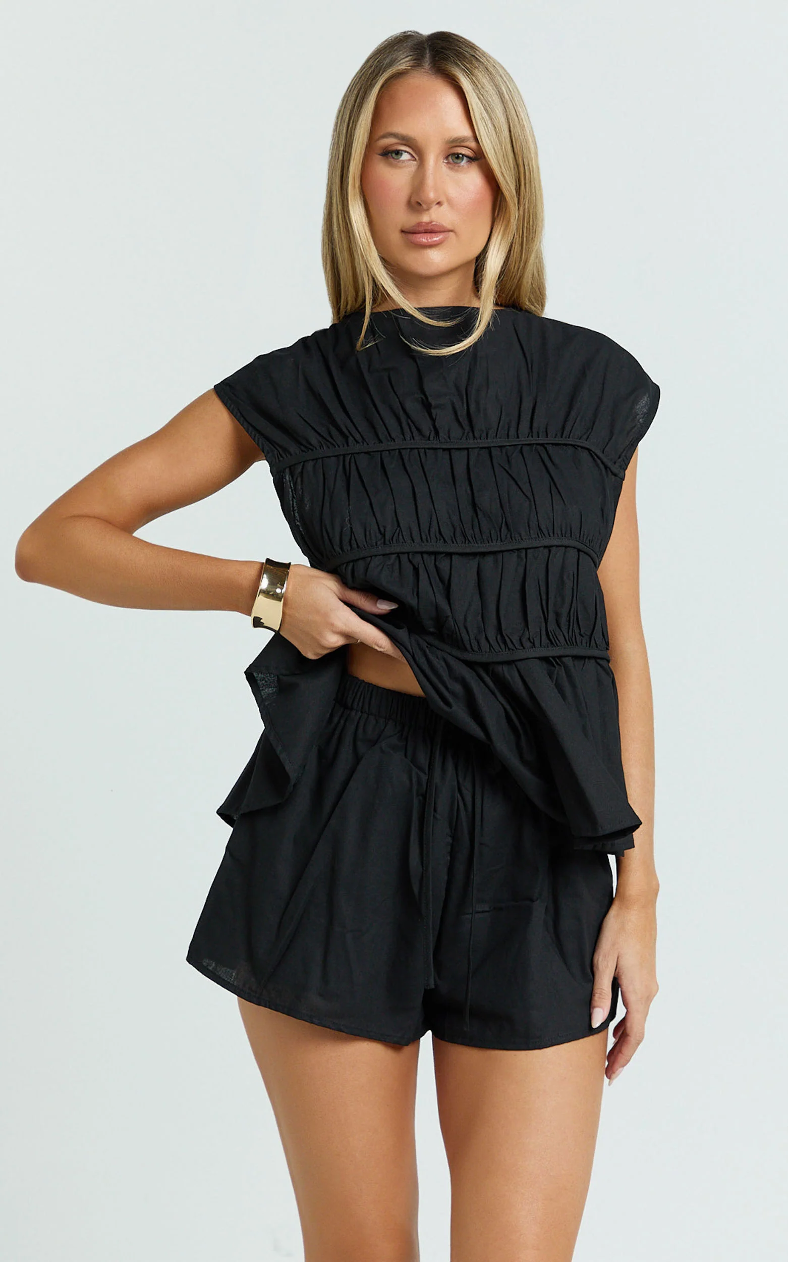 Alina Two Piece Set - Ruched Detail Top and Short Pants Set in Black - Image 3