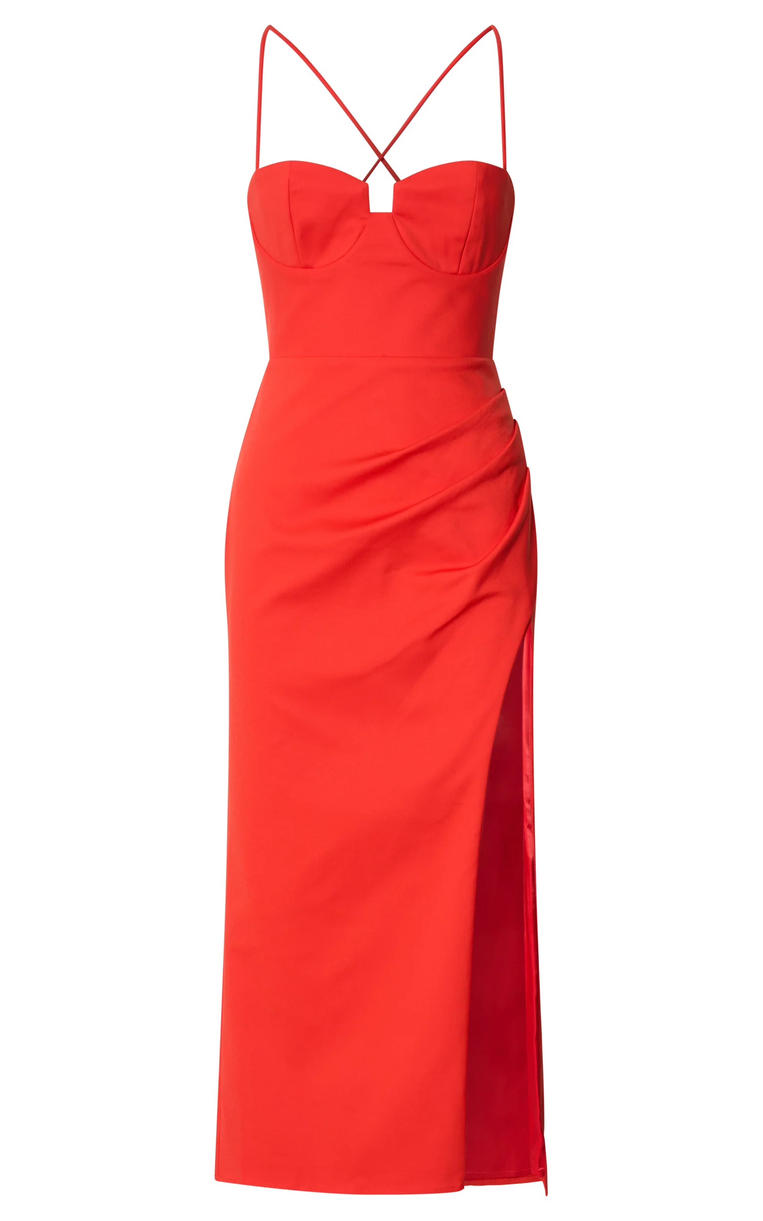Alissa Midi Dress - Bustier Strappy Pleat Side Fitted Dress in Tangerine - Image 8