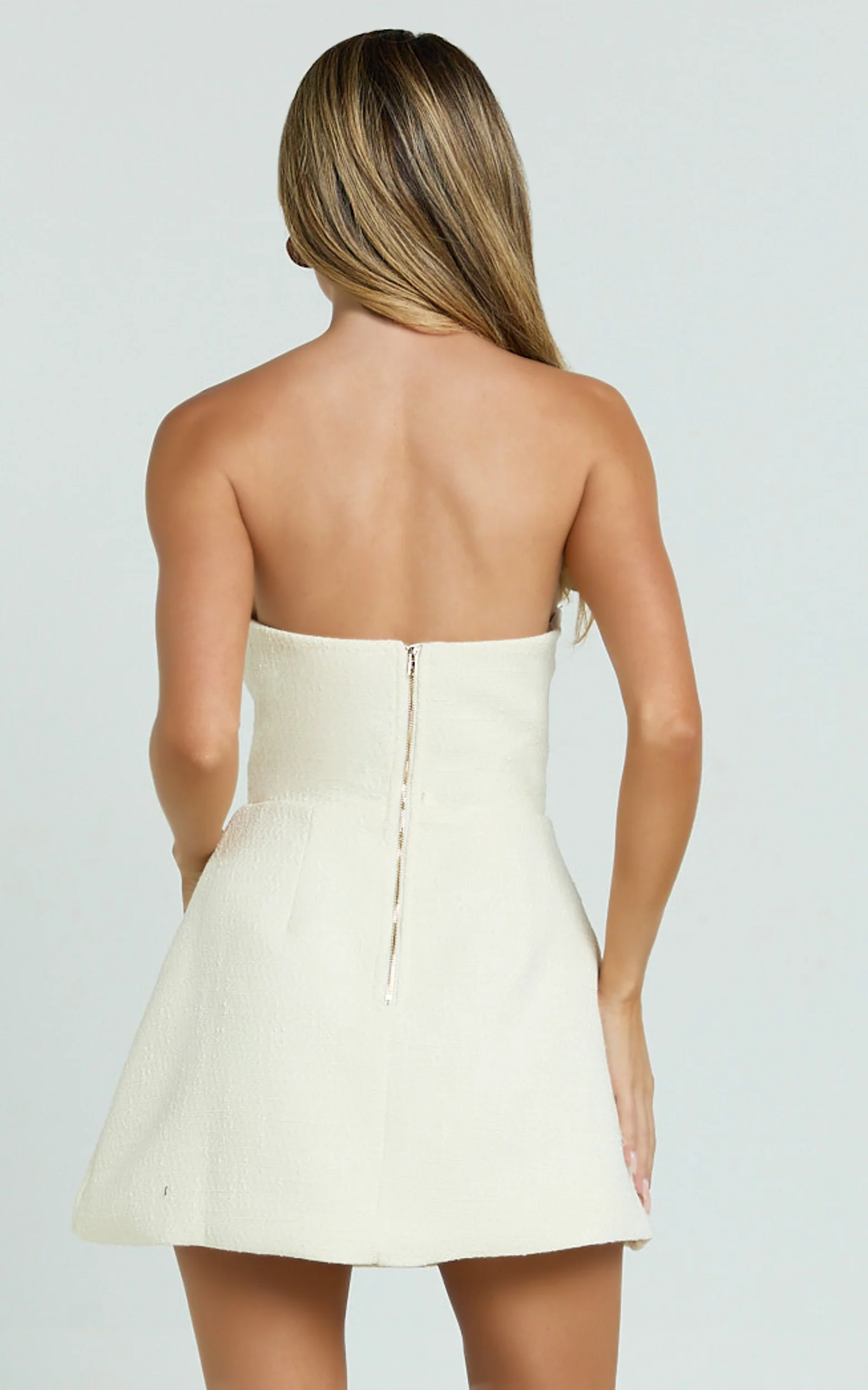 Alodia Mini Dress - Boucle Strapless Tulip Skirt Dress in Cream - Image 7