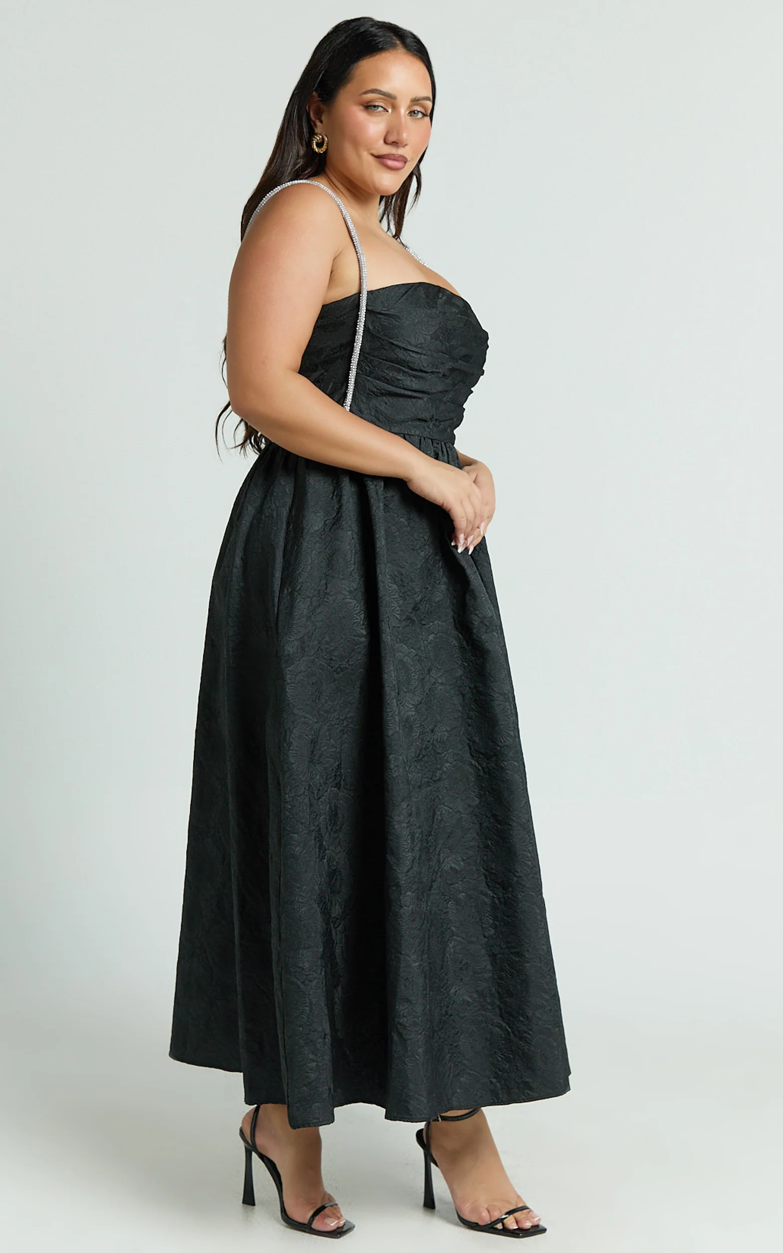 Alvia Midi Dress - Diamante Strap Ruched Straight Neck Dress in Black - Image 6