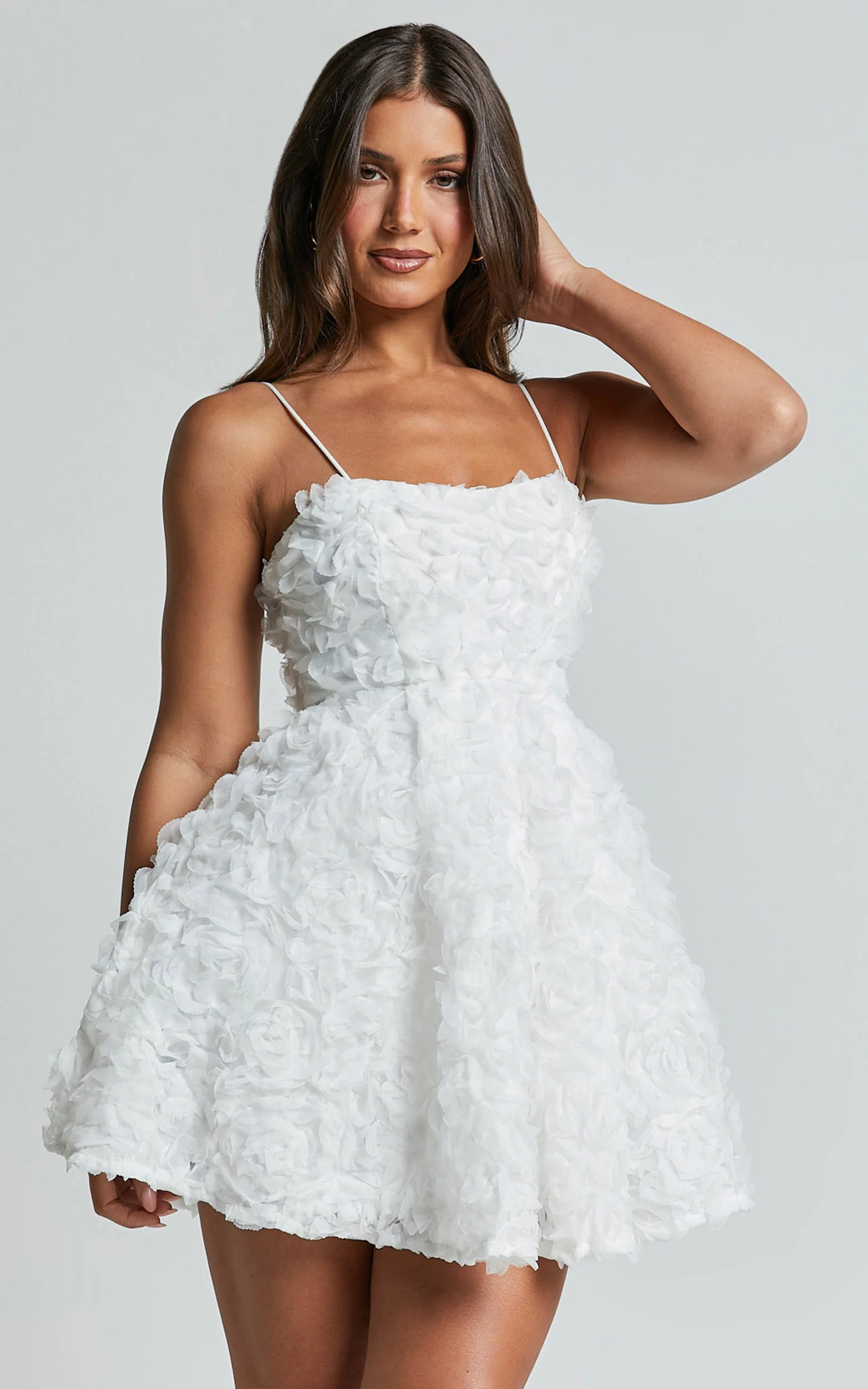 Alvia Mini Dress - 3d Flower Full Skirt Dress in White - Image 4