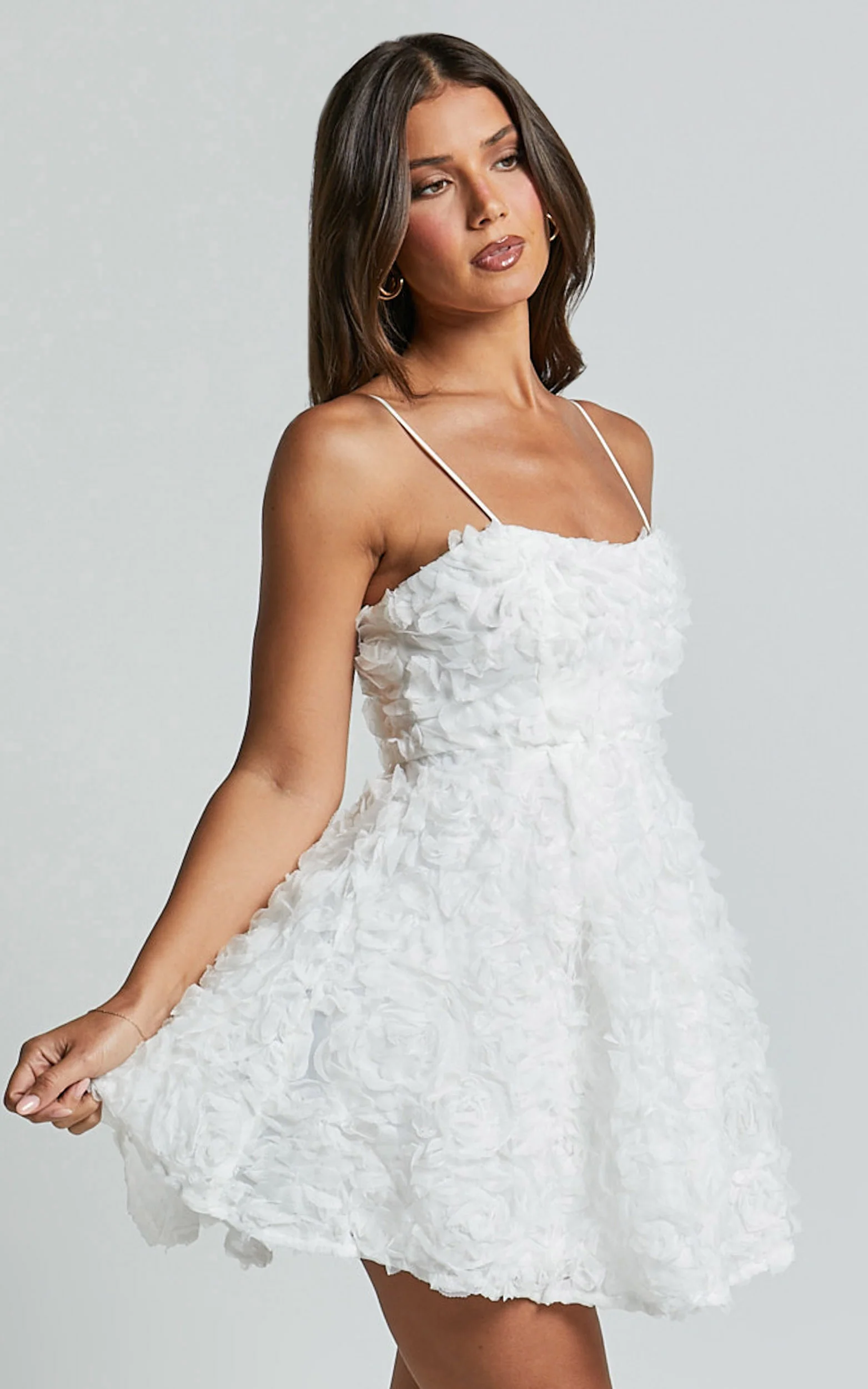 Alvia Mini Dress - 3d Flower Full Skirt Dress in White - Image 5