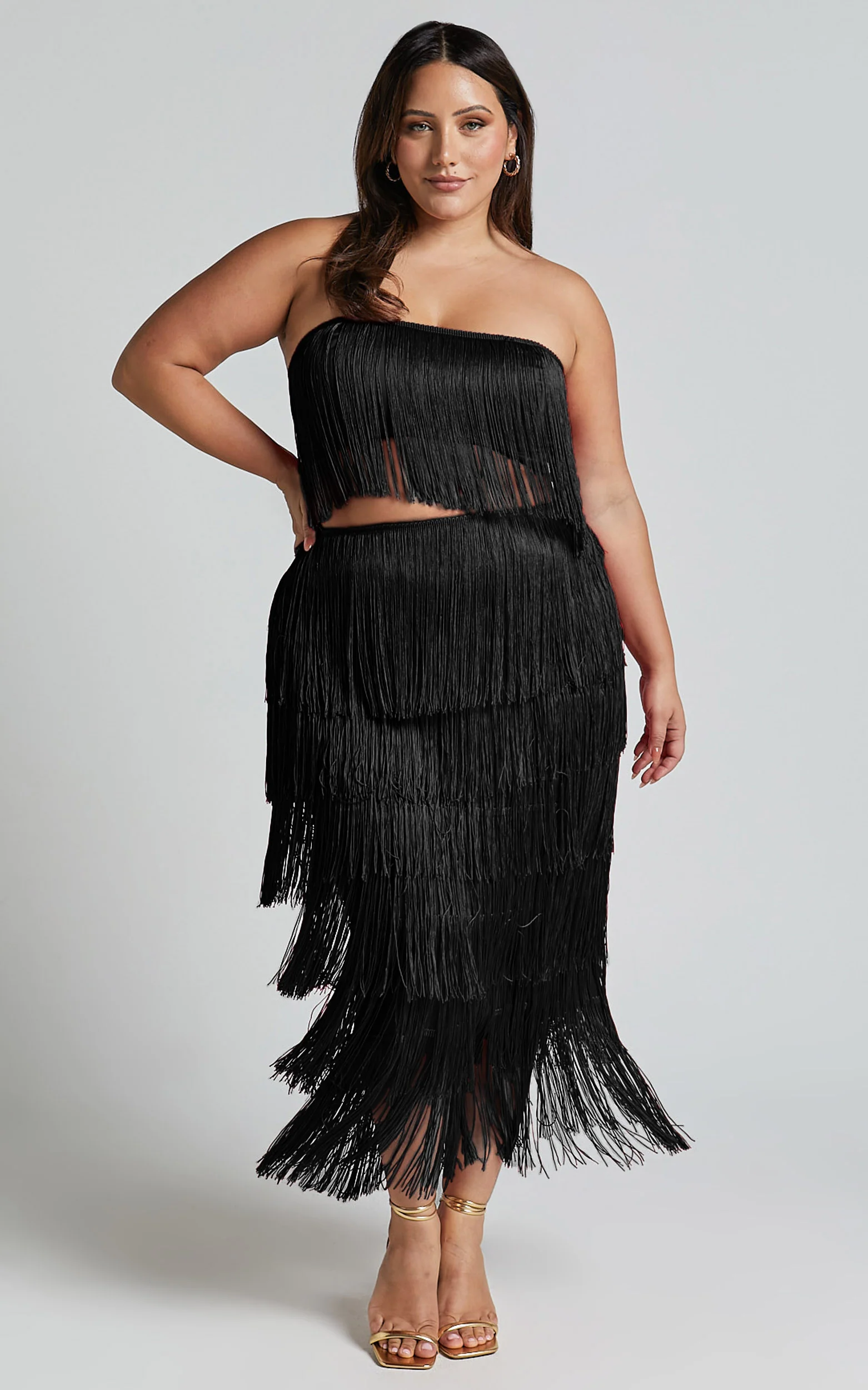 Amalee Two Piece Set - Fringe Strapless Crop Top and Midi Skirt Set in Black - Image 7