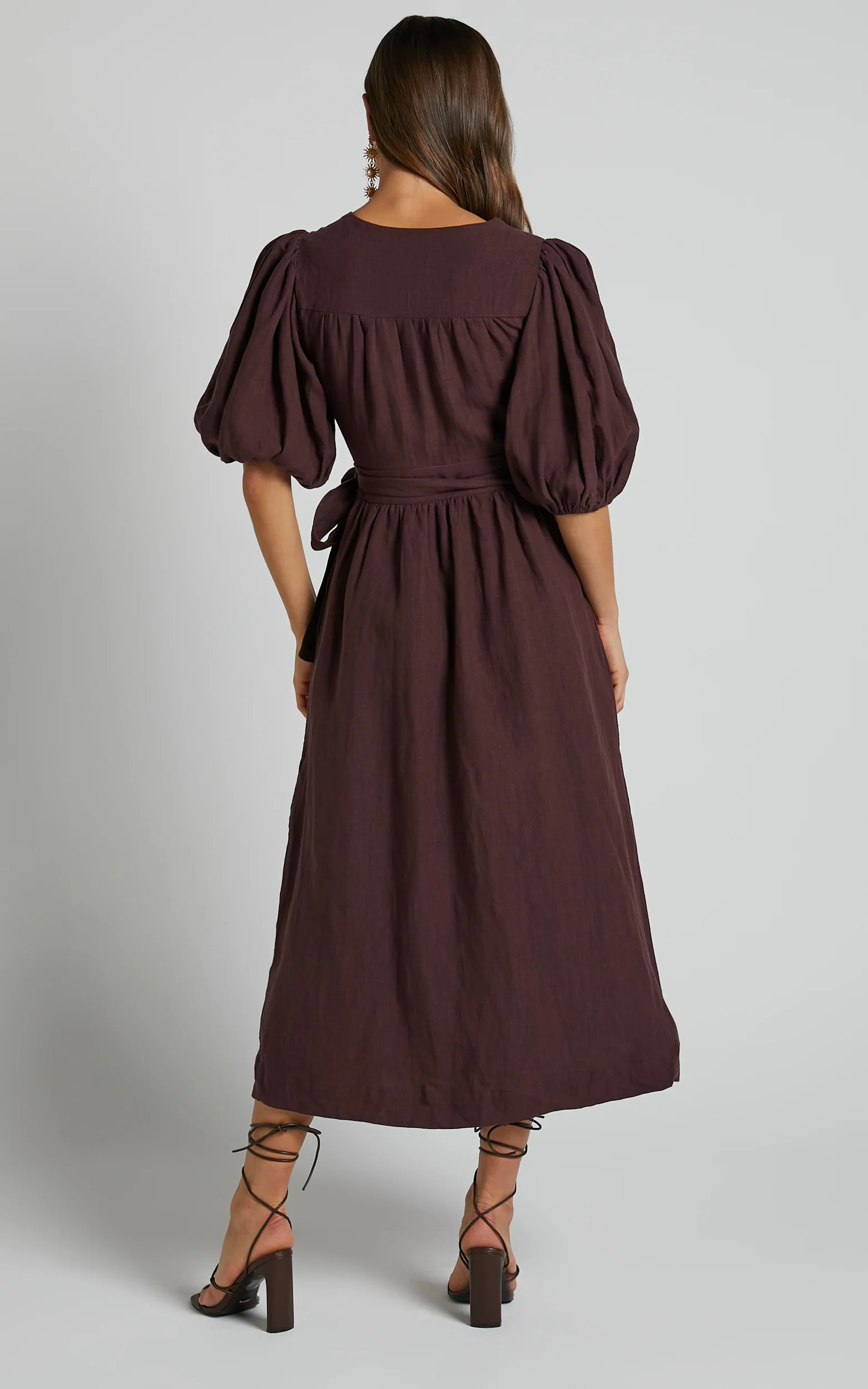 Amalie The Label - Franc Linen Puff Sleeve Wrap Midi Linen Dress in Dark Plum - Image 5