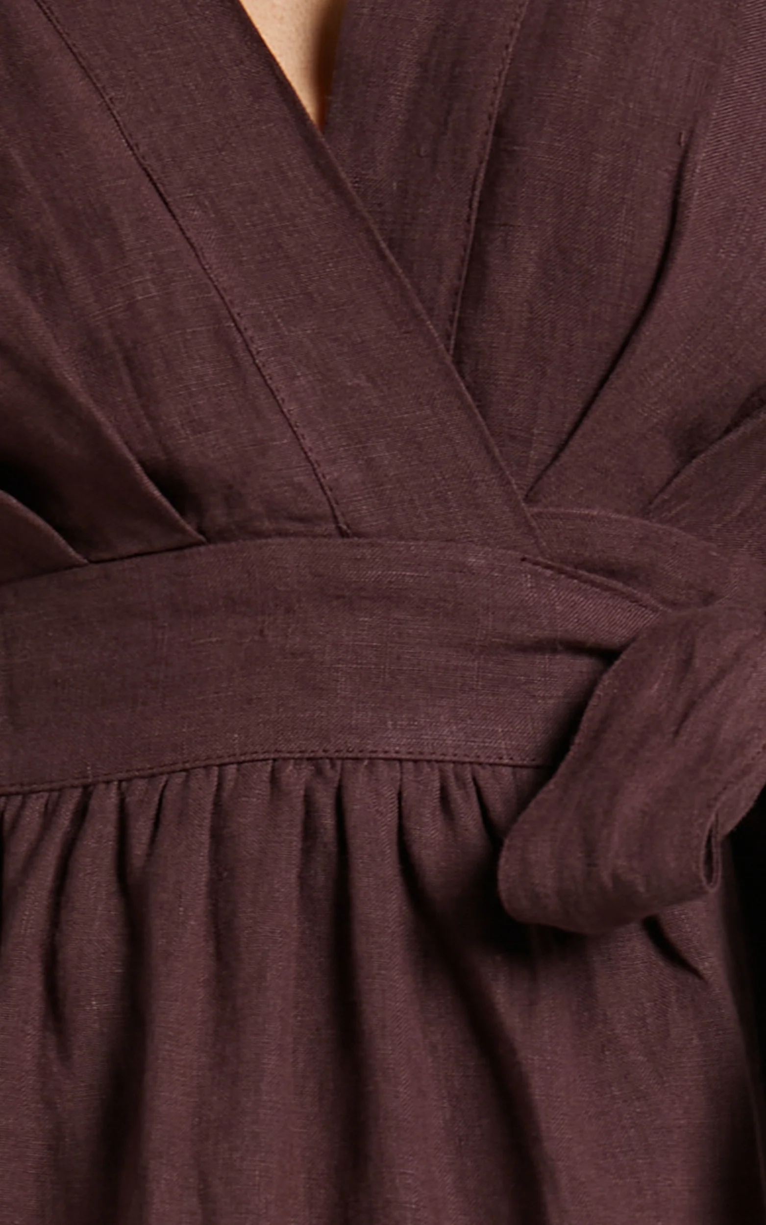 Amalie The Label - Franc Linen Puff Sleeve Wrap Midi Linen Dress in Dark Plum - Image 7
