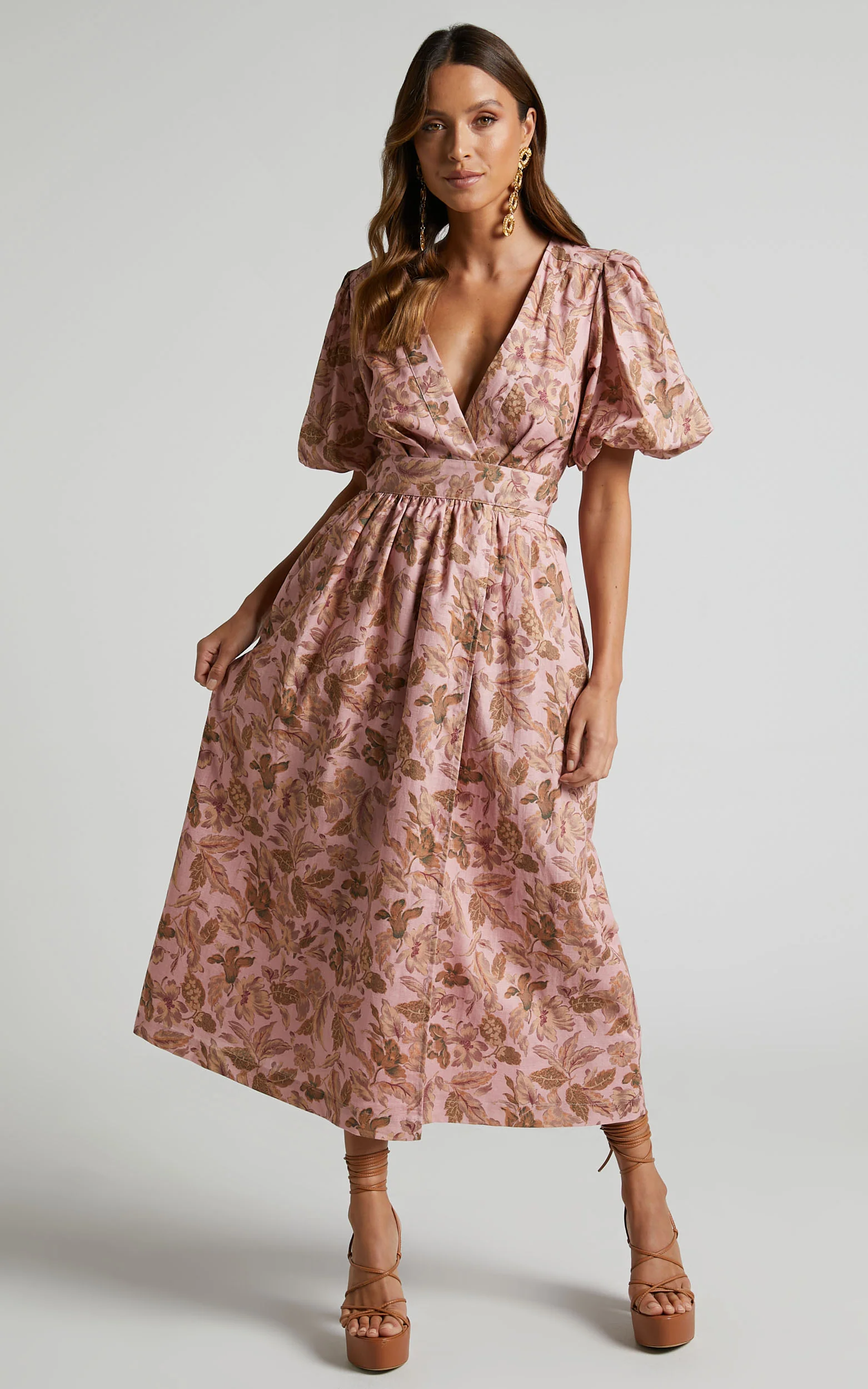 Amalie The Label - Franc Linen Puff Sleeve Wrap Midi Linen Dress in Vahala Print - Image 3