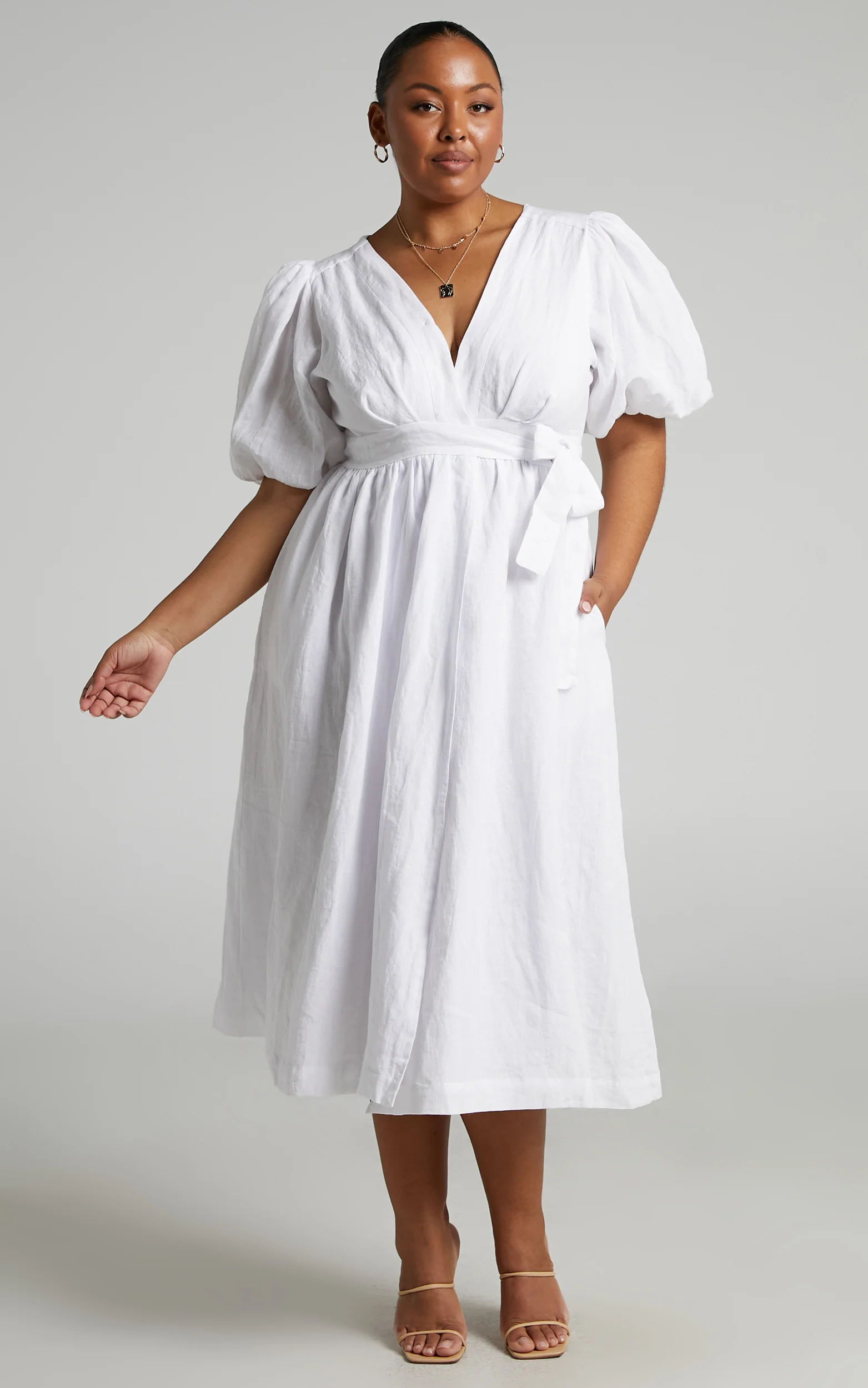 Amalie The Label - Franc Linen Puff Sleeve Wrap Midi Linen Dress in White - Image 4