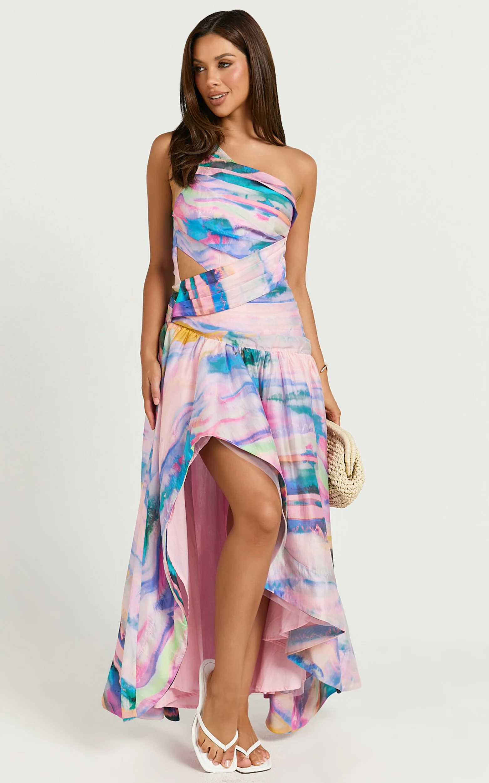 Amalie The Label - Keziah One Shoulder Asymmetric Maxi Dress in Abstract Sunset Print - Image 4