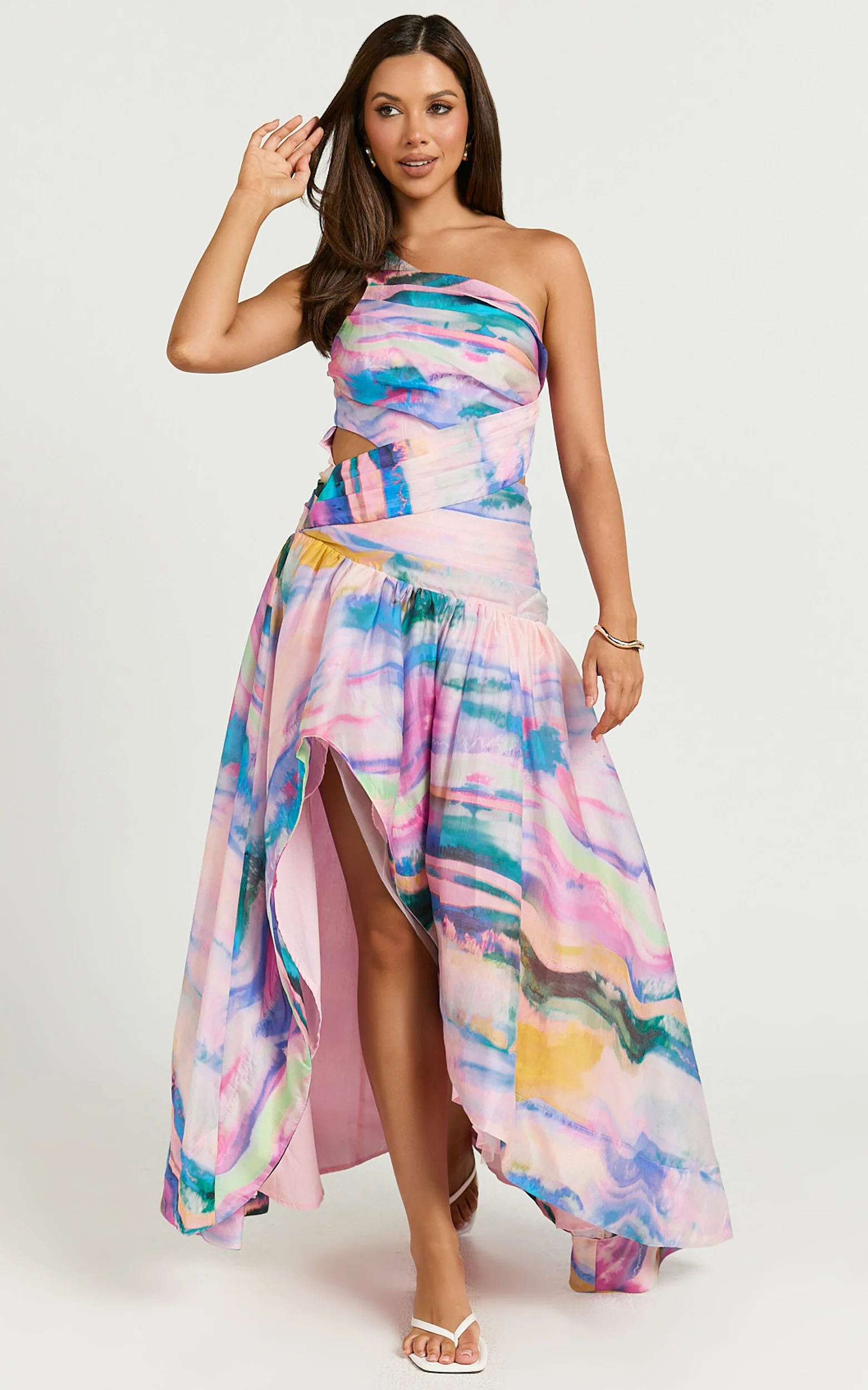 Amalie The Label - Keziah One Shoulder Asymmetric Maxi Dress in Abstract Sunset Print - Image 5