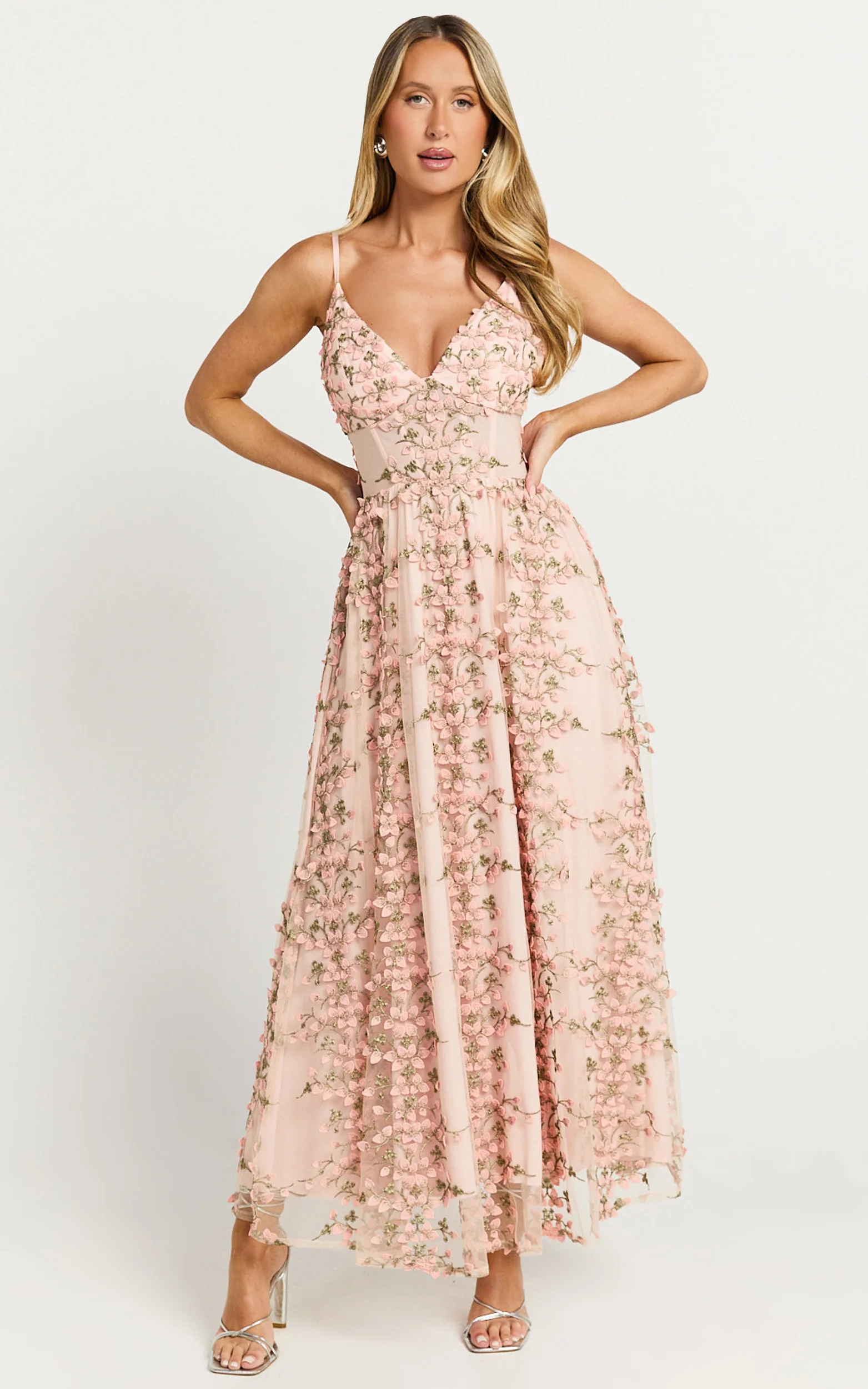 Amalie The Label - Lou V Neck Embroidered Tulle Midi Dress in Blush - Image 3