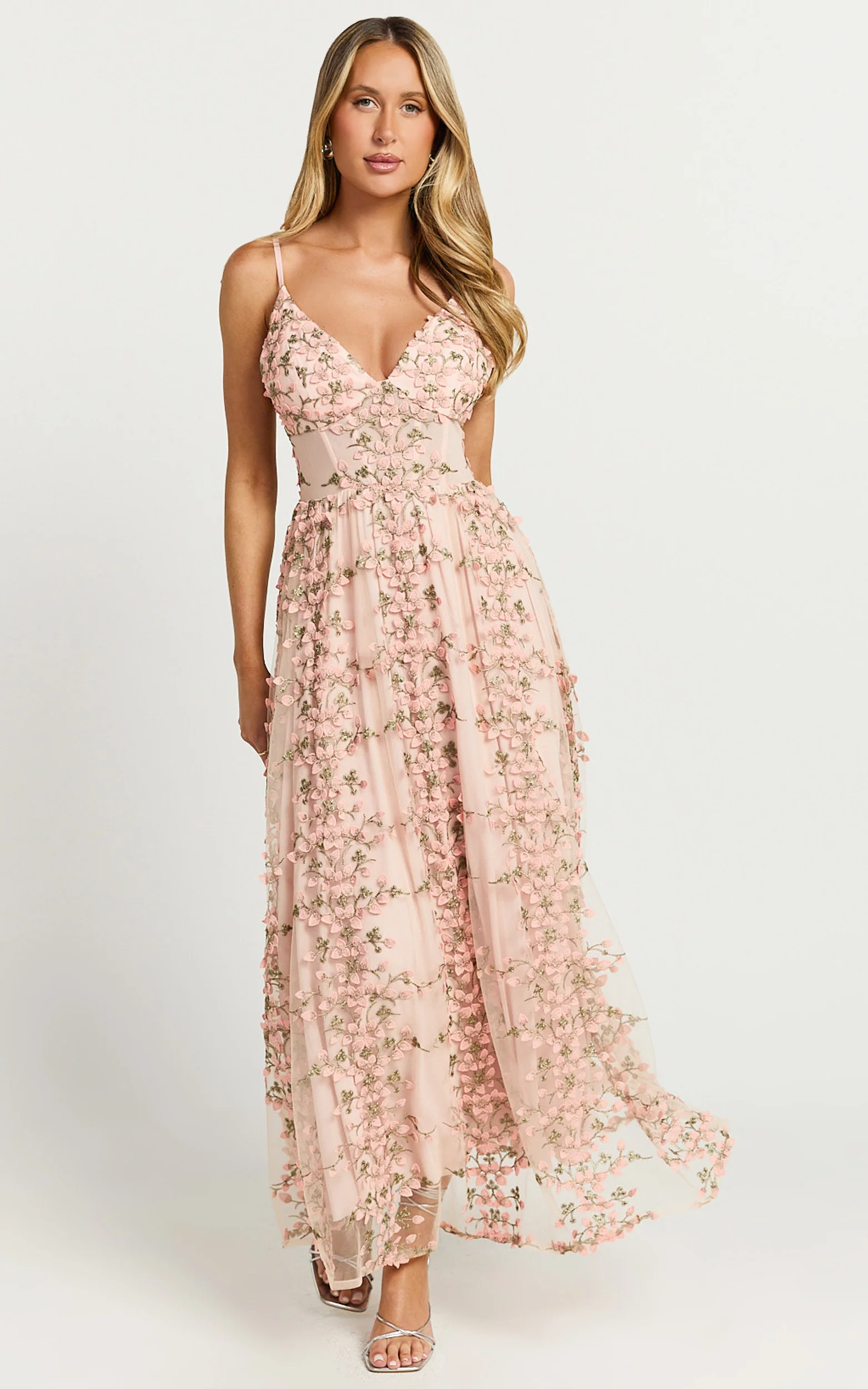 Amalie The Label - Lou V Neck Embroidered Tulle Midi Dress in Blush - Image 6