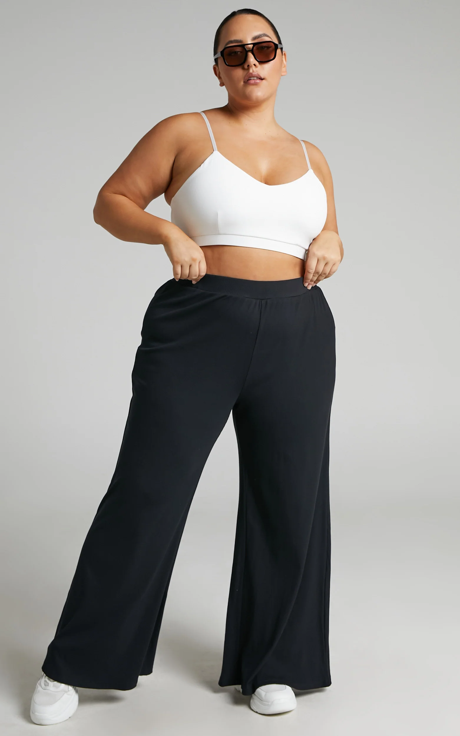 Amalthea Pants - High Waisted Jersey Rib Wide Leg Pants in Black - Image 2