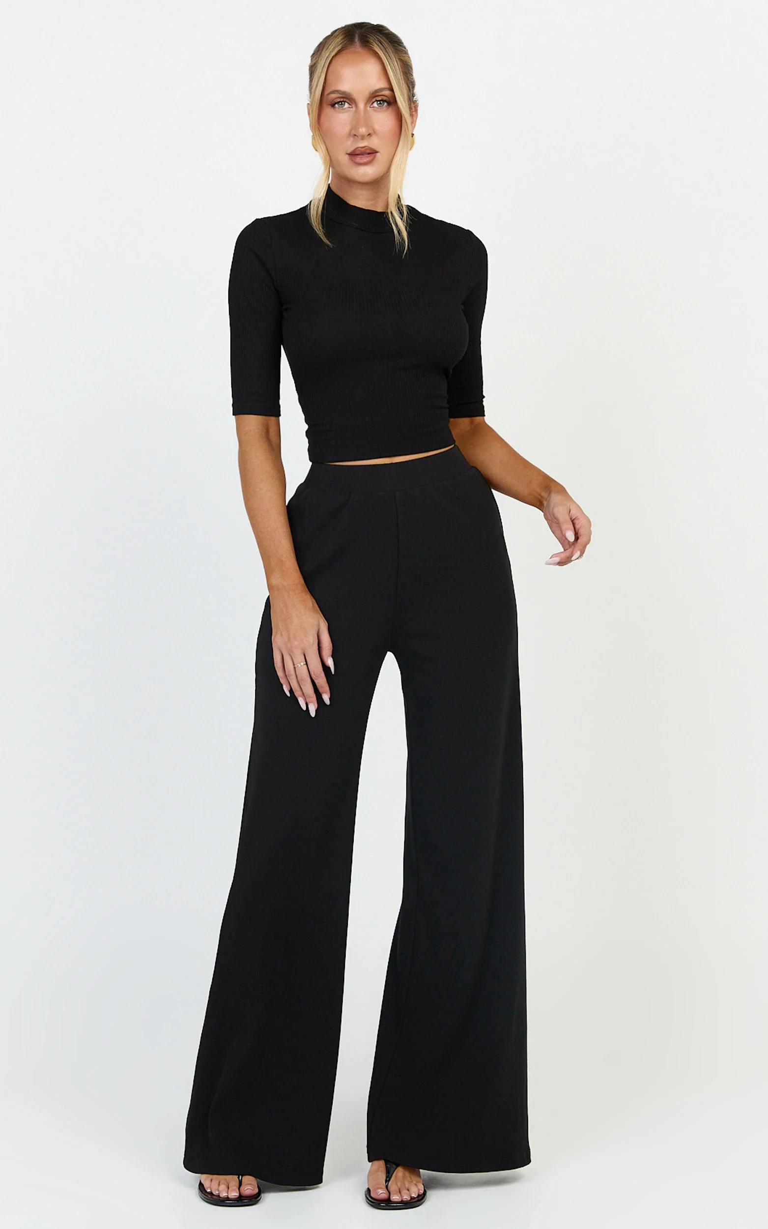 Amalthea Pants - High Waisted Jersey Rib Wide Leg Pants in Black - Image 3