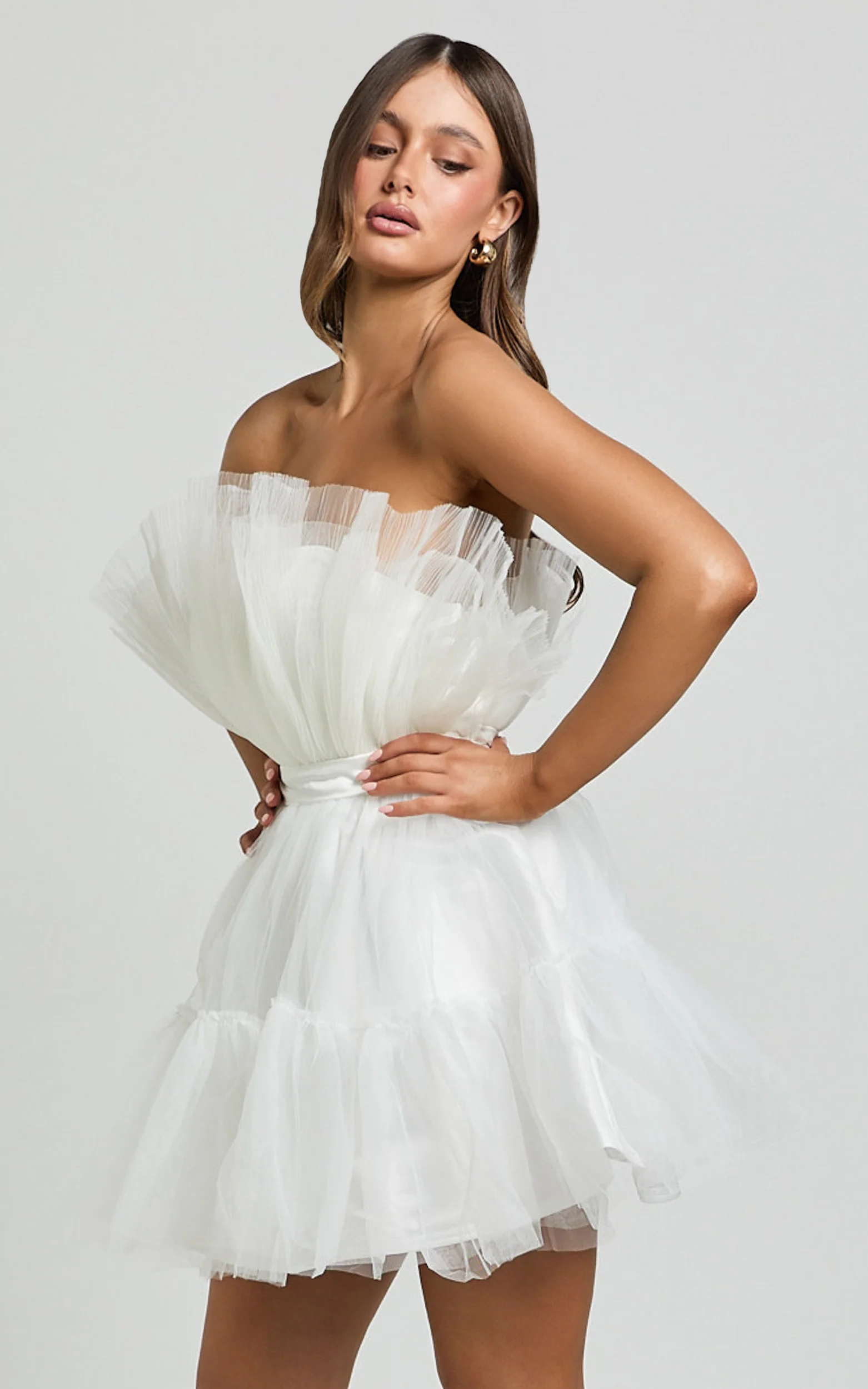 Amalya Mini Dress - Tiered Tulle Fit and Flare Dress in White - Image 8