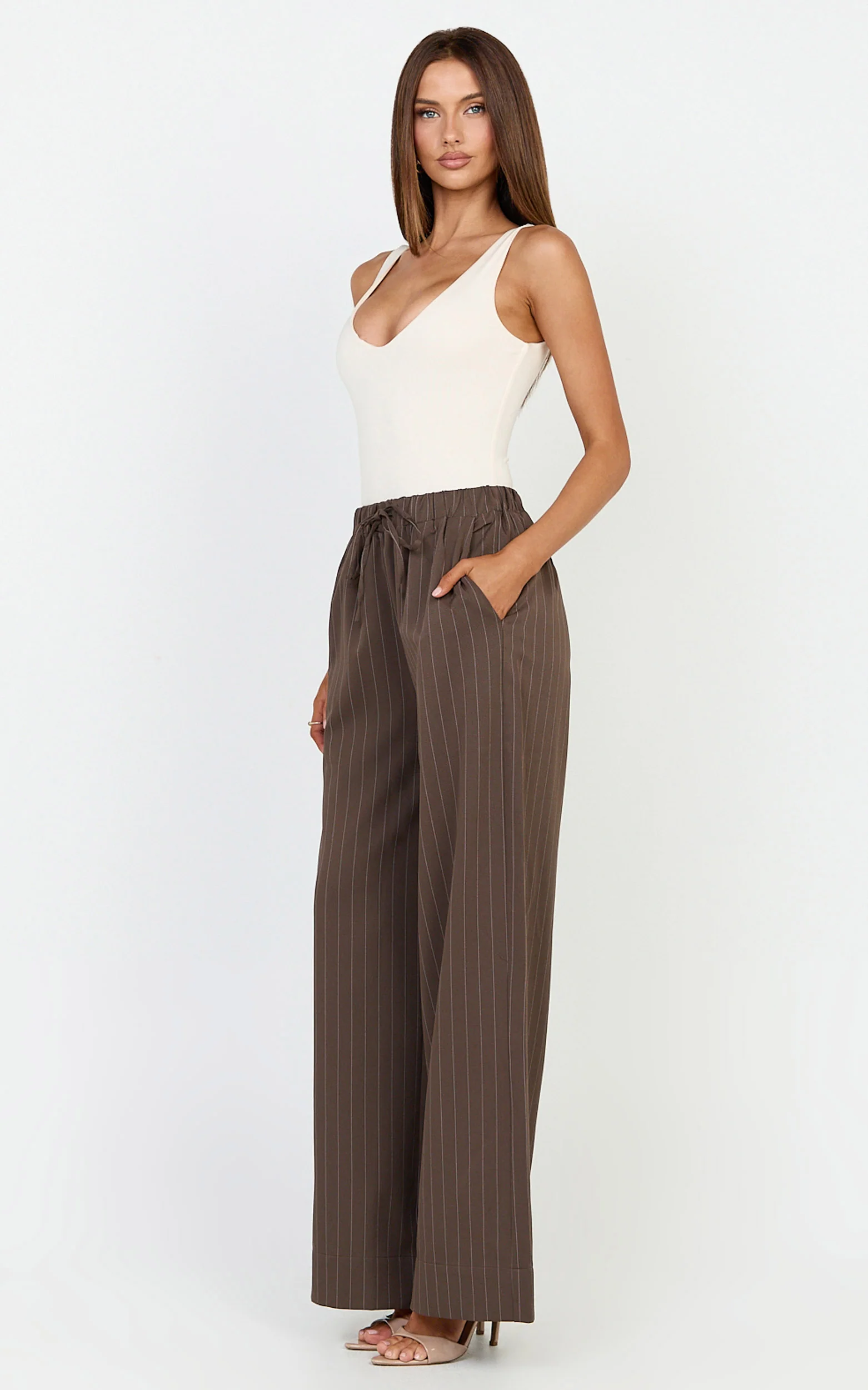 Amara Pants - High Waist Wide Leg Stripe Pants in Chocolate - Image 4