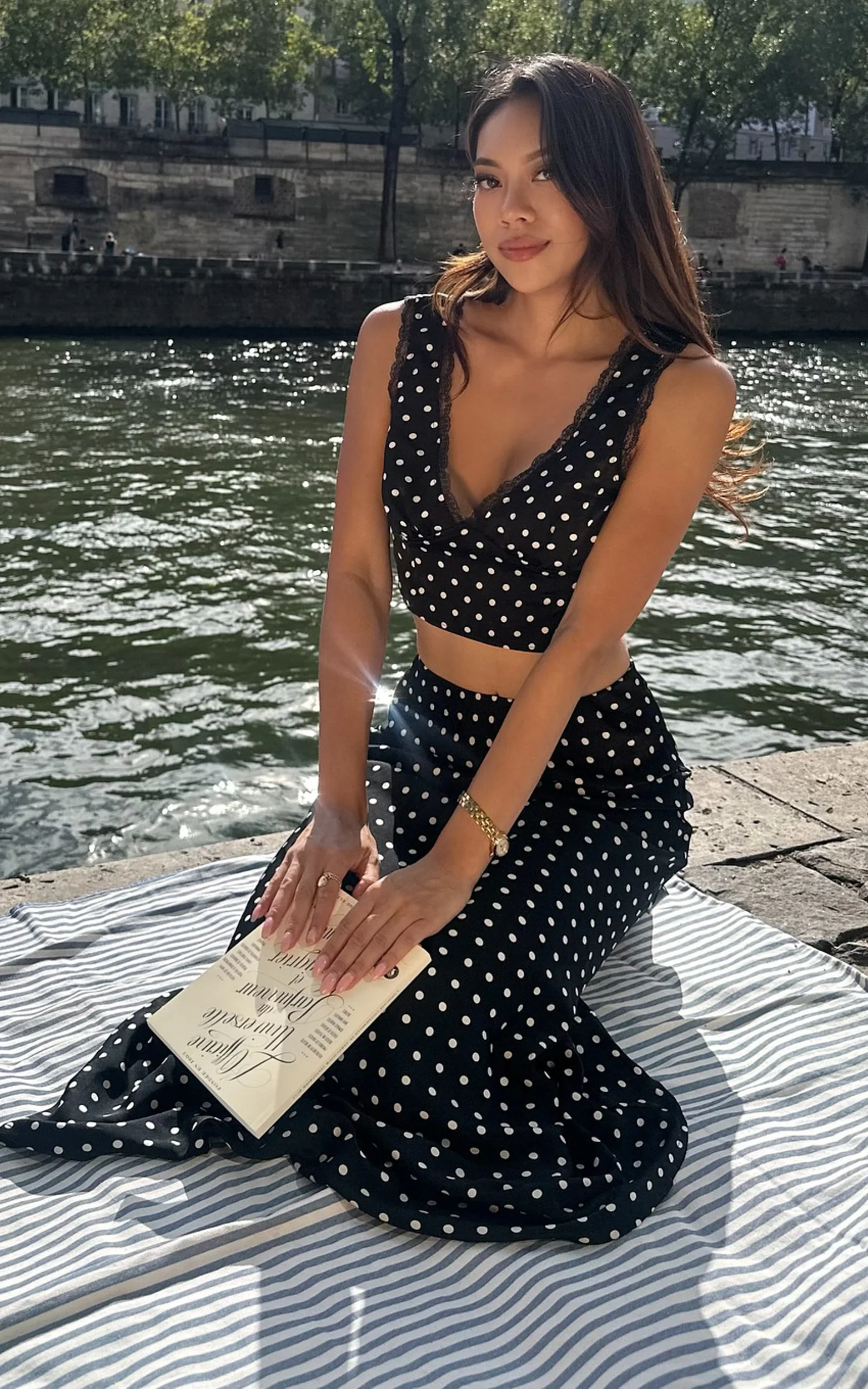 Amari Maxi Skirt - High Waisted Bias Cut Skirt in Black Polka Dot - Image 6